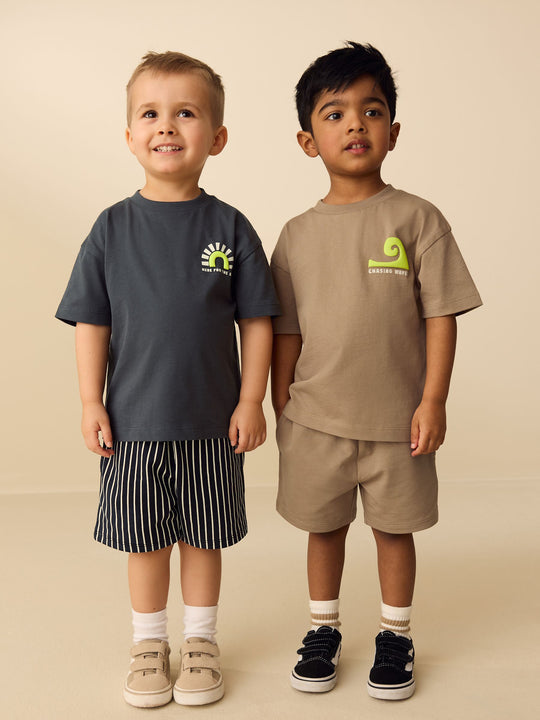 Black/Tan Waves Short Sleeve T-Shirt and Shorts Set 2 Pack (3mths-7yrs)