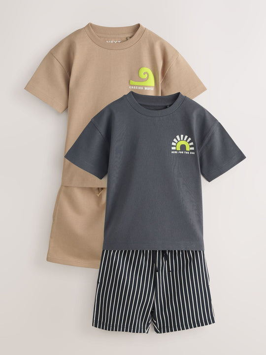 Black/Tan Waves Short Sleeve T-Shirt and Shorts Set 2 Pack (3mths-7yrs)