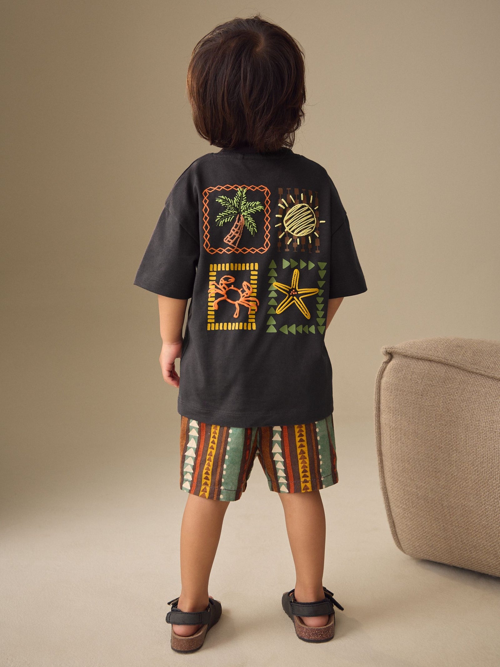 Charcoal Grey Printed Short Sleeve T-Shirt & Linen Blend Shorts Set (3mths-7yrs)