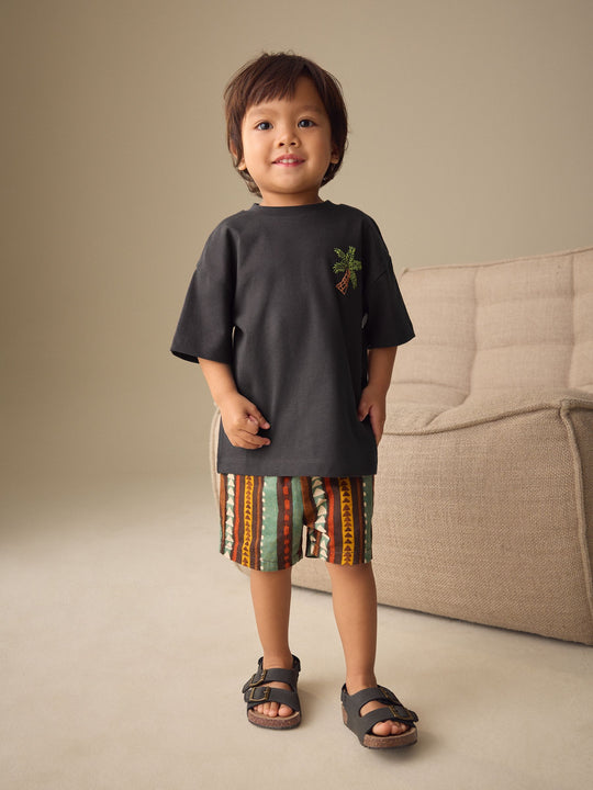 Charcoal Grey Printed Short Sleeve T-Shirt & Linen Blend Shorts Set (3mths-7yrs)