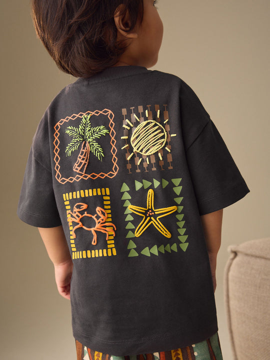 Charcoal Grey Printed Short Sleeve T-Shirt & Linen Blend Shorts Set (3mths-7yrs)