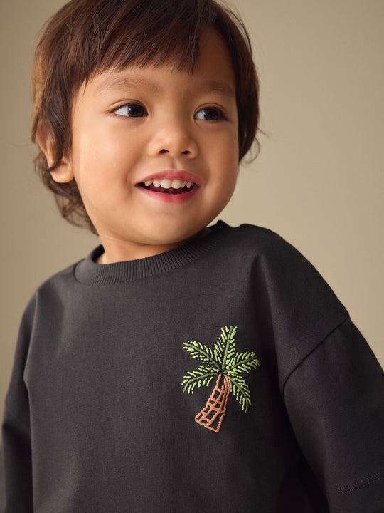 Charcoal Grey Printed Short Sleeve T-Shirt & Linen Blend Shorts Set (3mths-7yrs)