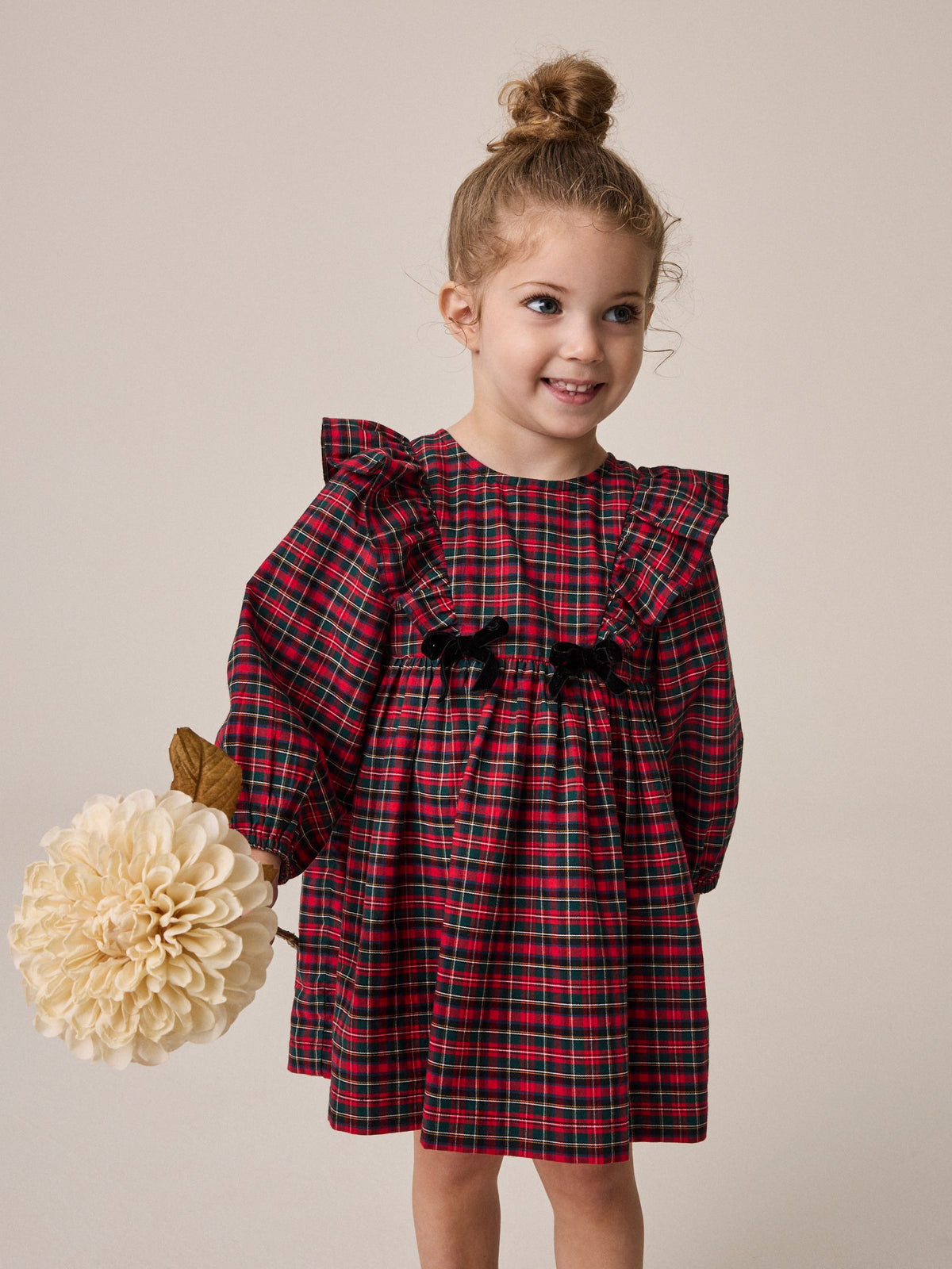 Red Velvet Bow Long Sleeve Check Dress (3mths-8yrs)