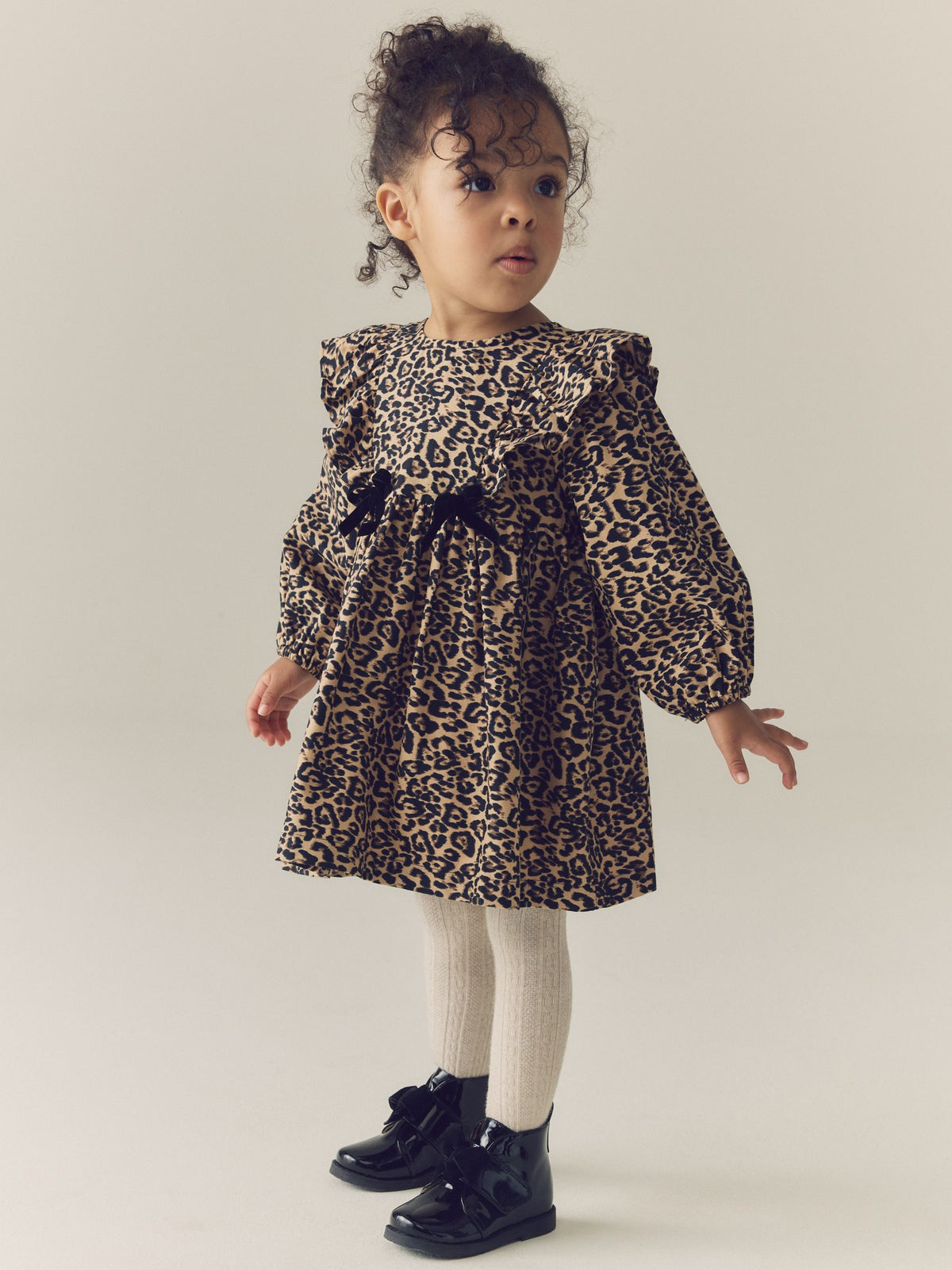 Leopard Animal Print Velvet Bow Long Sleeve Check Dress (3mths-8yrs)