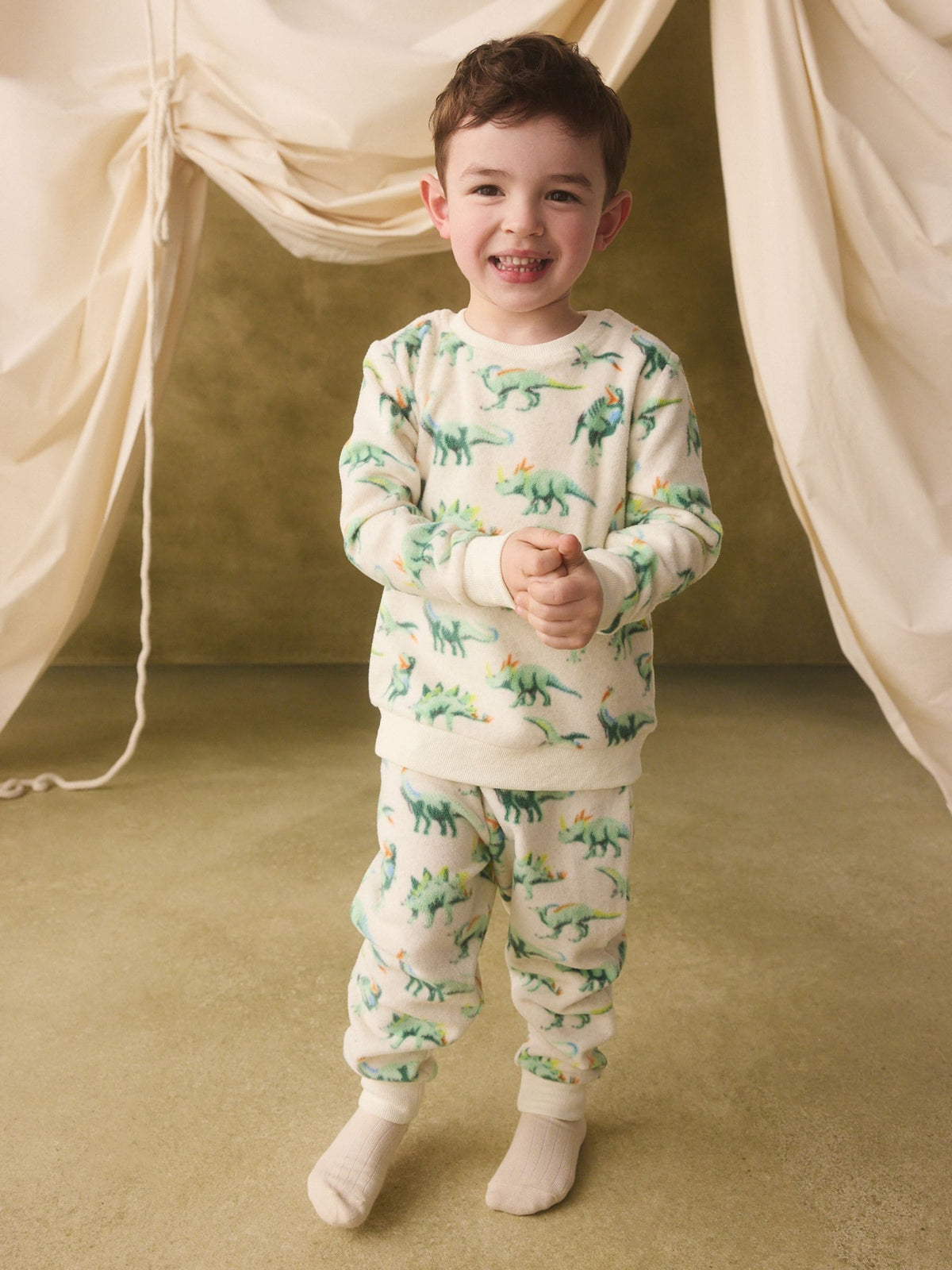 Ecru/Green Cath Kidston Dinosaur Single Cosy Fleece Pyjamas
