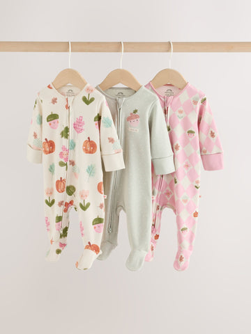 Sage Green Pumpkin Two Way Zip Baby Sleepsuits 3 Pack (0-3yrs)