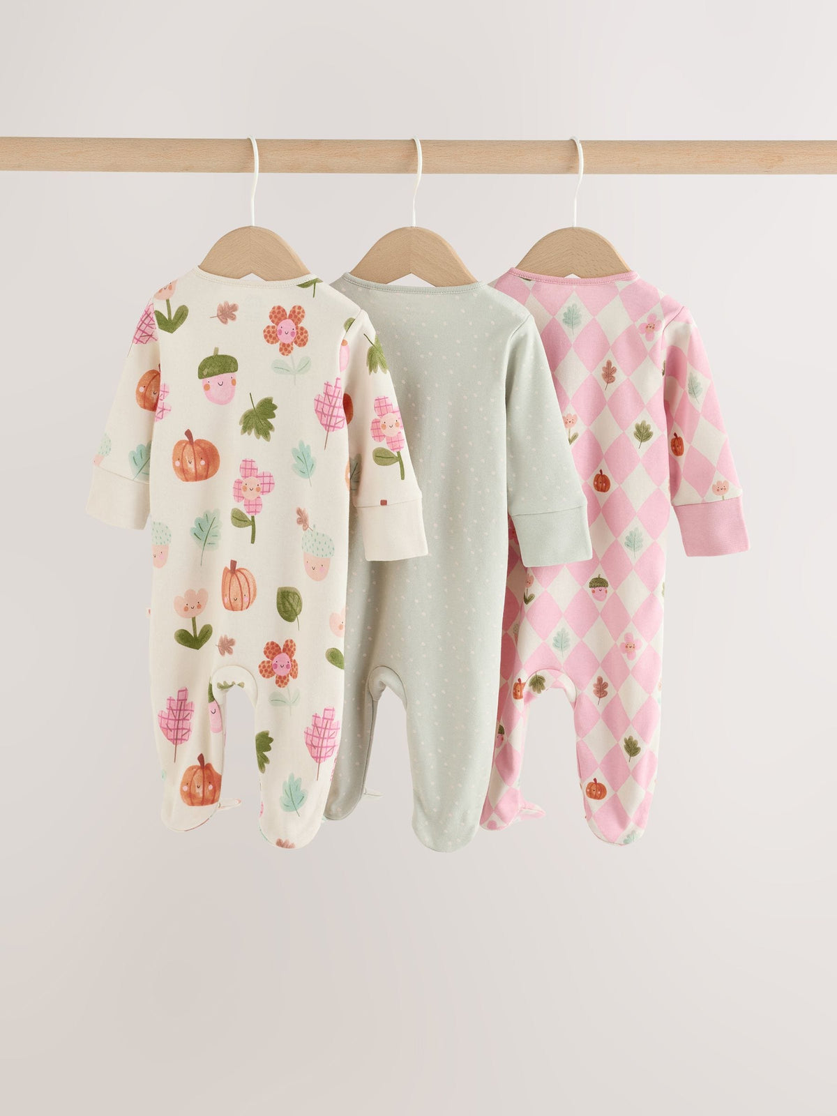 Sage Green Pumpkin Two Way Zip Baby Sleepsuits 3 Pack (0-3yrs)