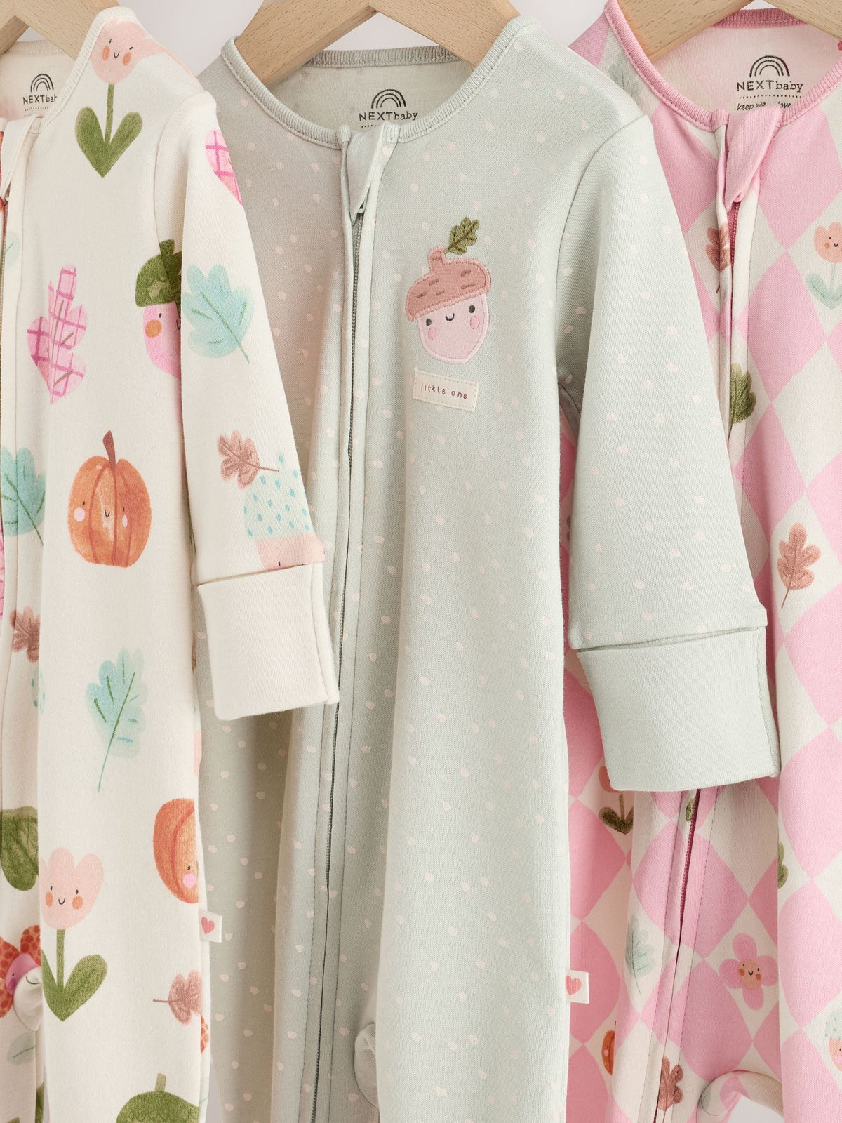 Sage Green Pumpkin Two Way Zip Baby Sleepsuits 3 Pack (0-3yrs)