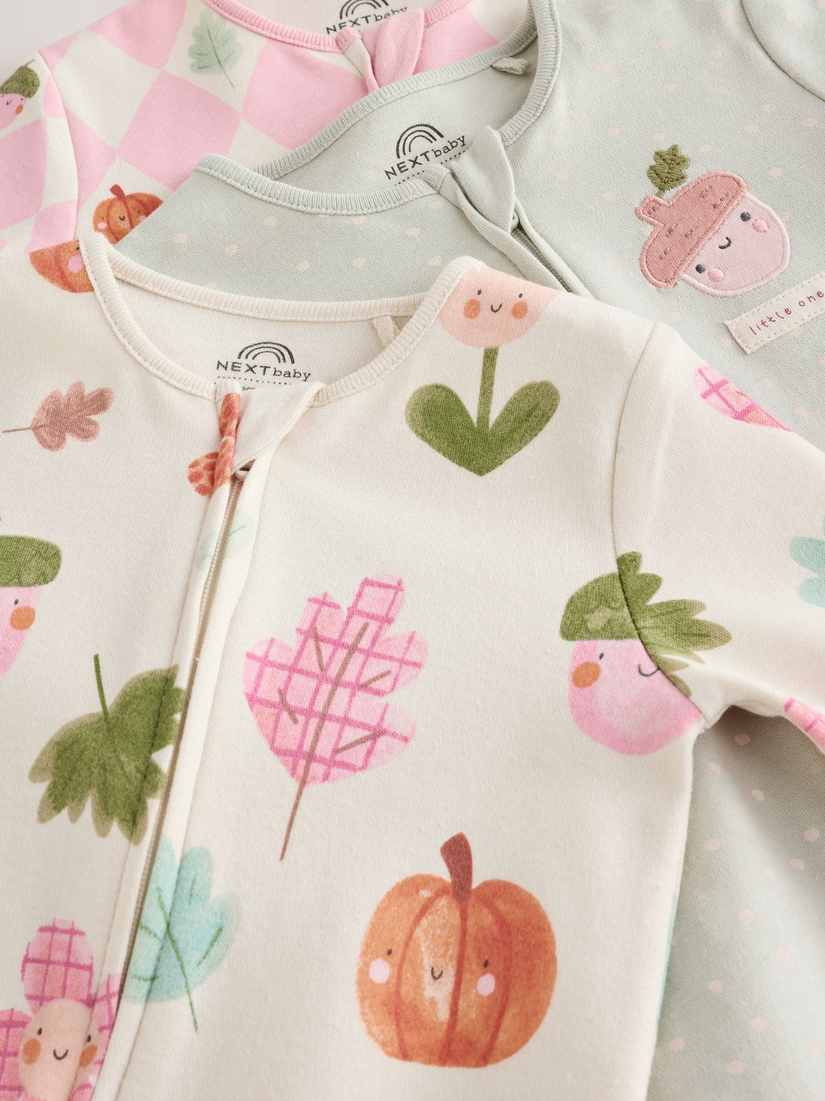 Sage Green Pumpkin Two Way Zip Baby Sleepsuits 3 Pack (0-3yrs)