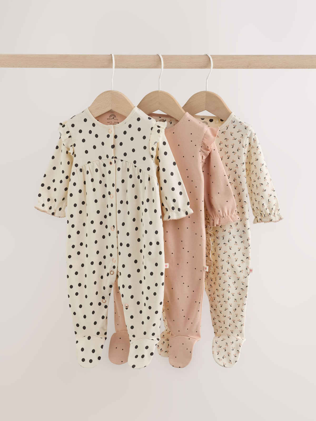 Cream/Pink Polka Dot Sleepsuits 3 Pack (0mths-2yrs)