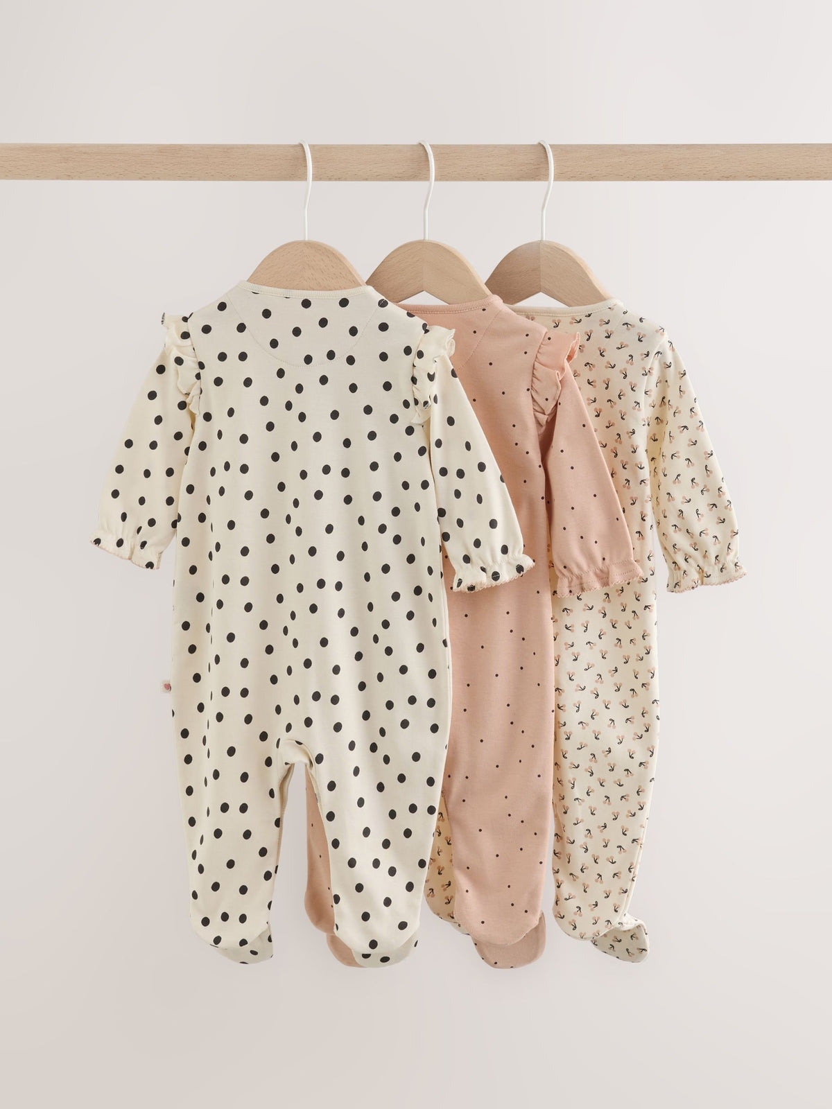 Cream/Pink Polka Dot Sleepsuits 3 Pack (0mths-2yrs)
