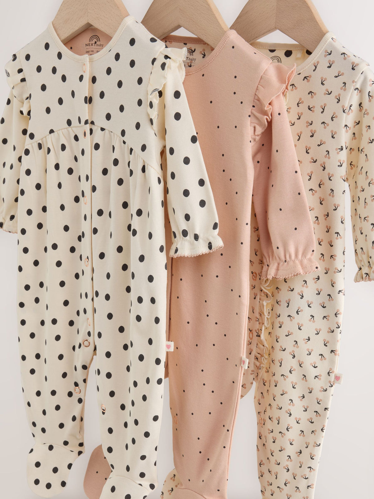 Cream/Pink Polka Dot Sleepsuits 3 Pack (0mths-2yrs)