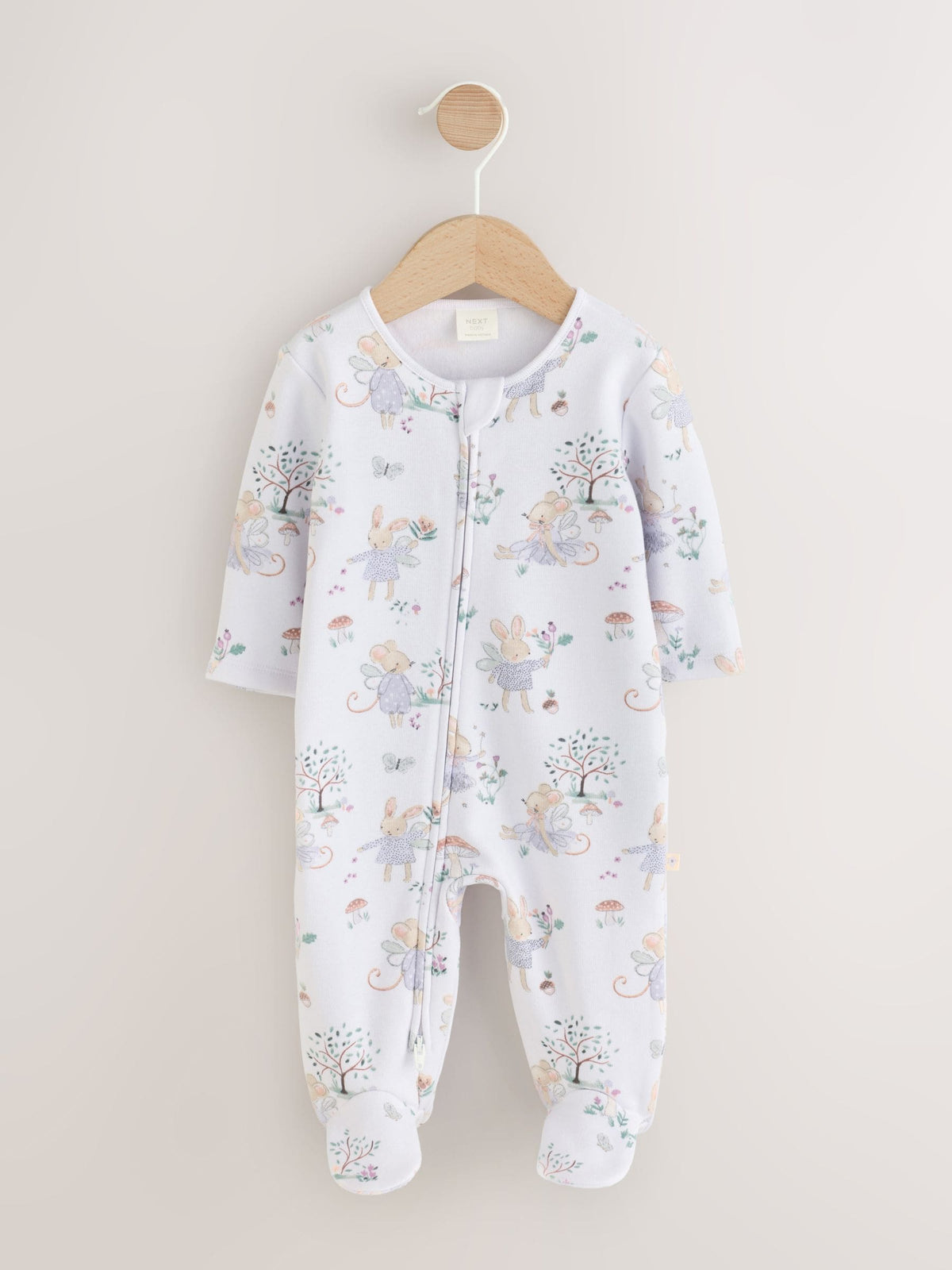 White/Lilac Fairy Mouse Fleece Lined Two Way Zip Baby Sleepsuit