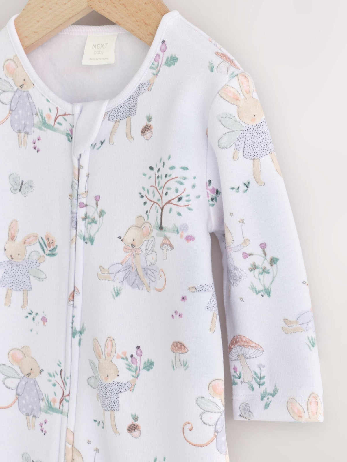 White/Lilac Fairy Mouse Fleece Lined Two Way Zip Baby Sleepsuit