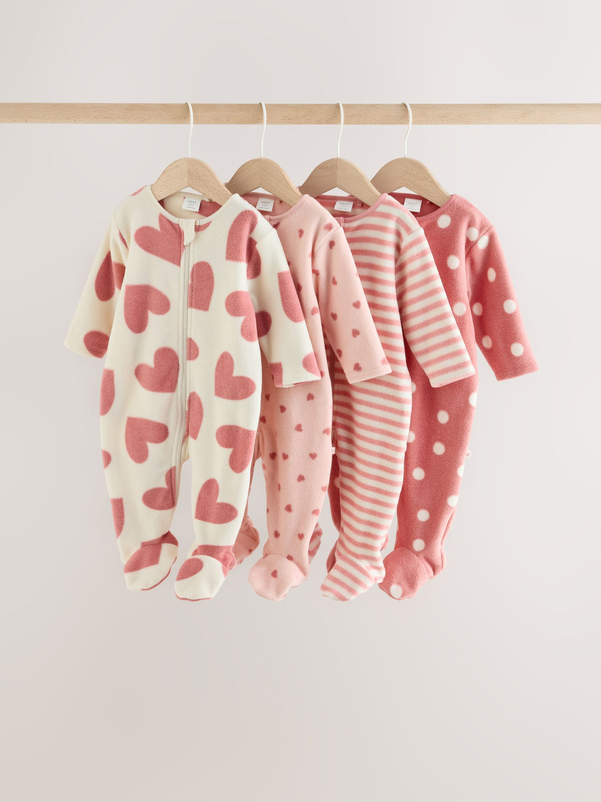 Pink Heart Baby Micro Fleece Two Way Zip Sleepsuits 4 Pack