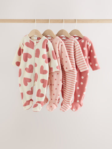 Pink Heart Baby Micro Fleece Two Way Zip Sleepsuits 4 Pack