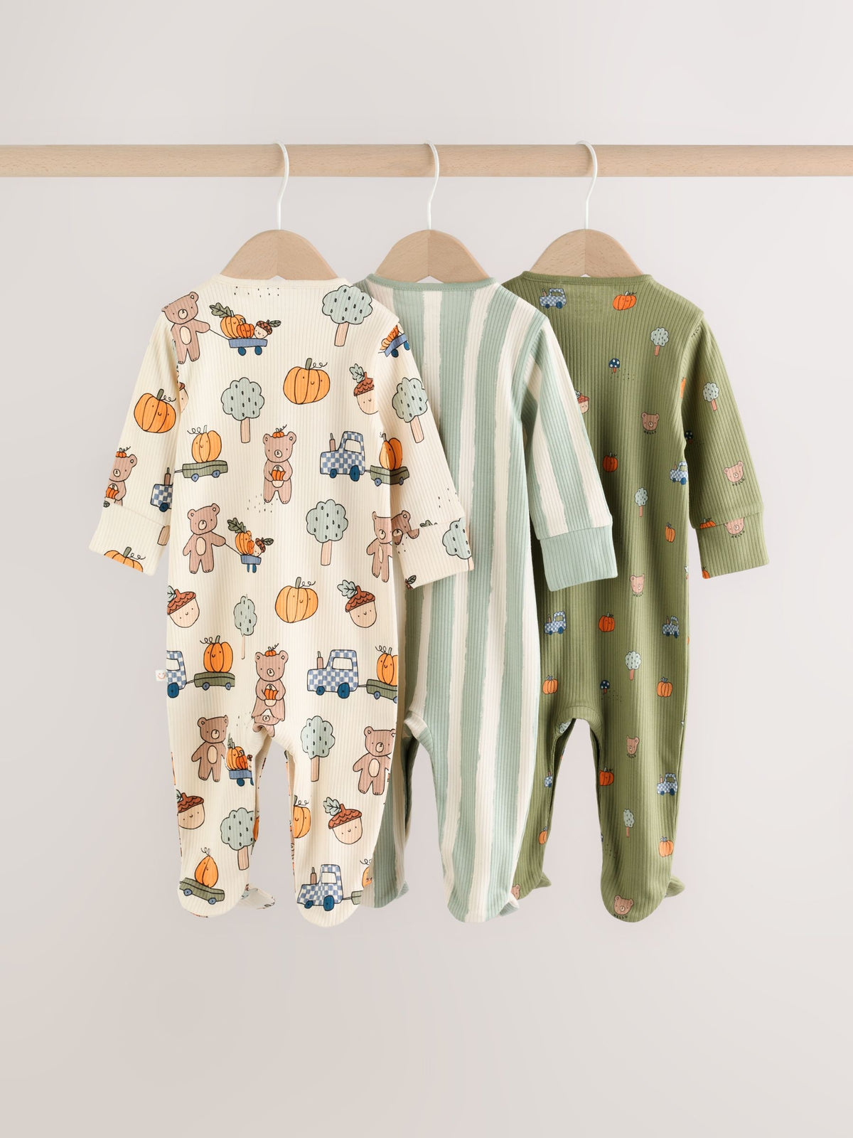 Sage Green Pumpkin Sleepsuits 3 Pack (0mths-2yrs)