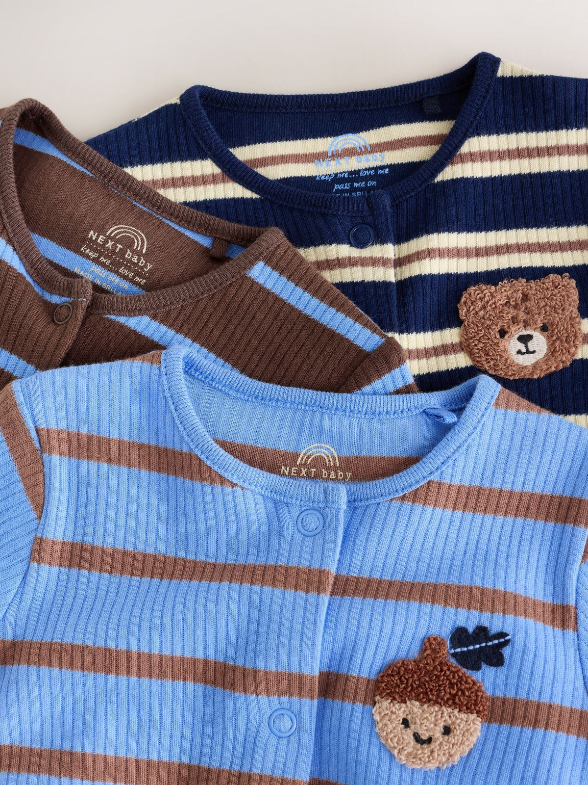 Blue/Brown Stripe Baby Sleepsuits 3 Pack (0mths-2yrs)