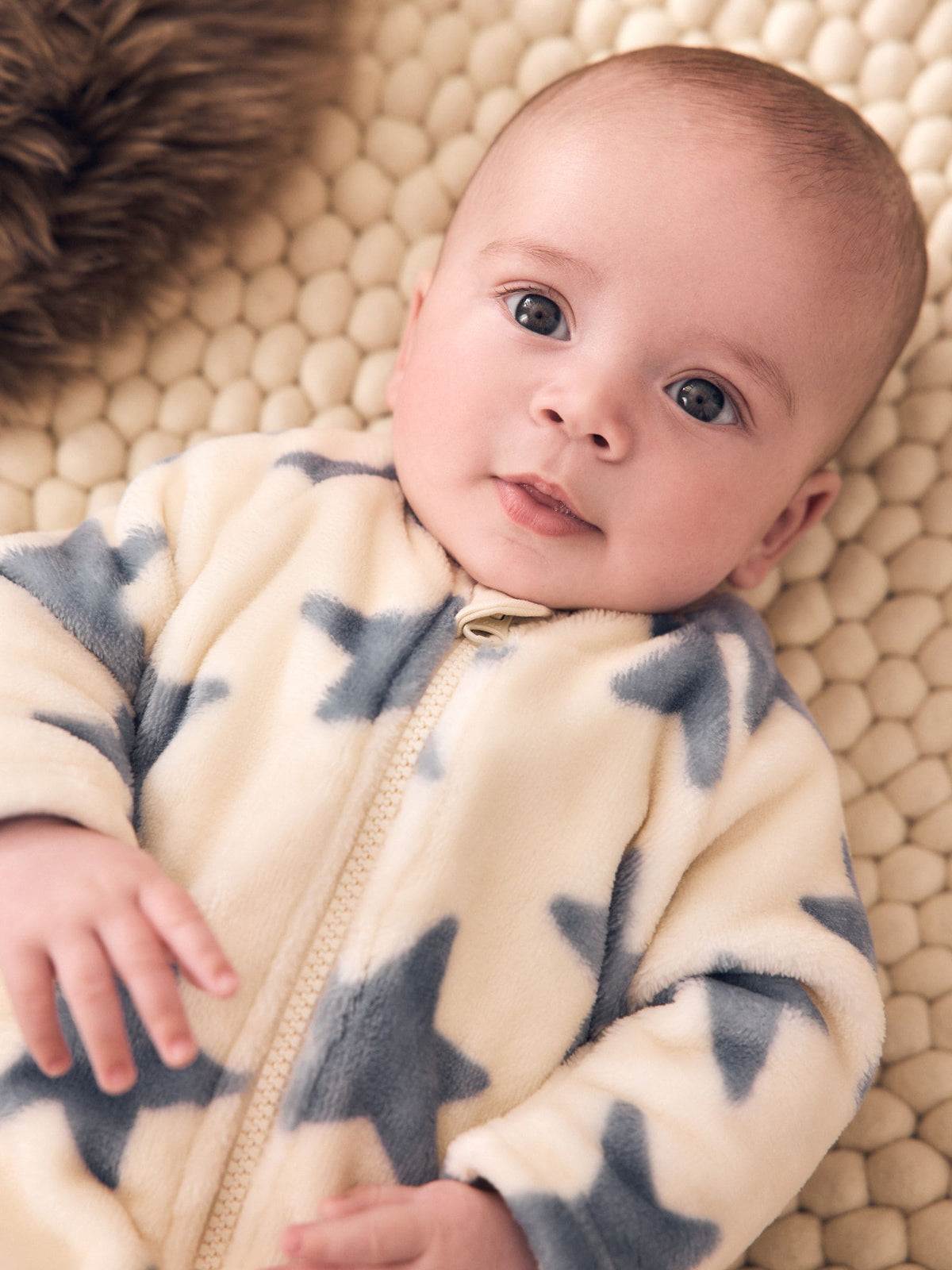 Neutral/Blue Star Micro Fleece Two Way Zip Baby Sleepsuit