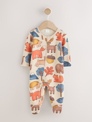 Multi Woodland Animal Fleece Lined Two Way Zip Baby Sleepsuit