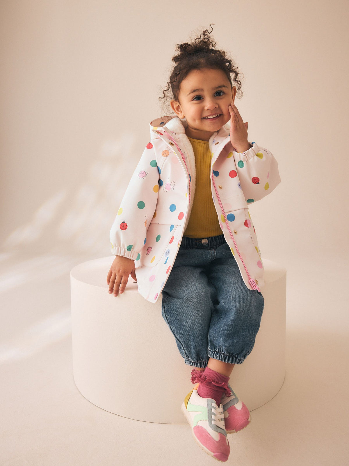 Cream Polka Dot Waterproof Faux Fur Lined Jacket (12mths-7yrs)