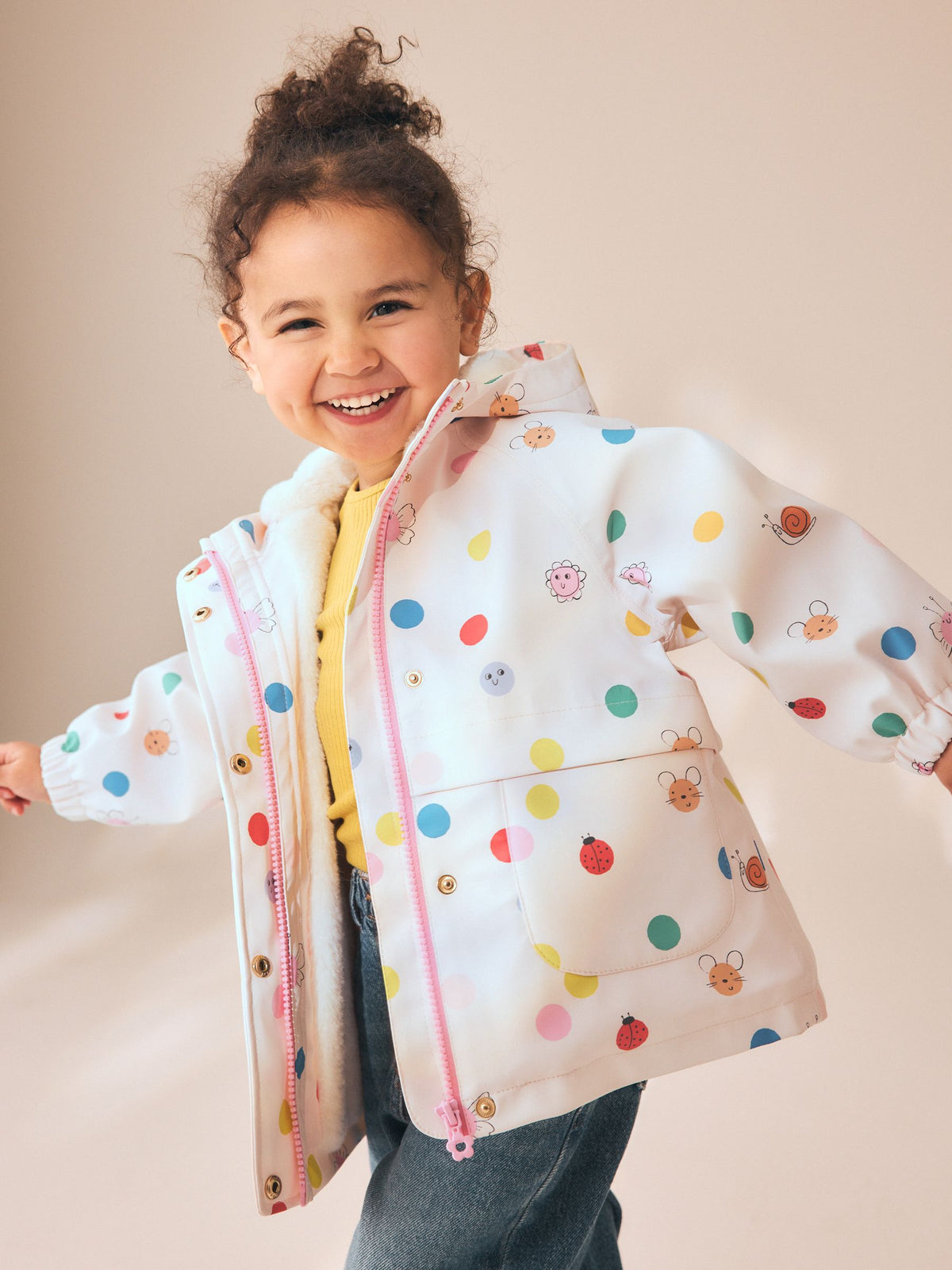 Cream Polka Dot Waterproof Faux Fur Lined Jacket (12mths-7yrs)