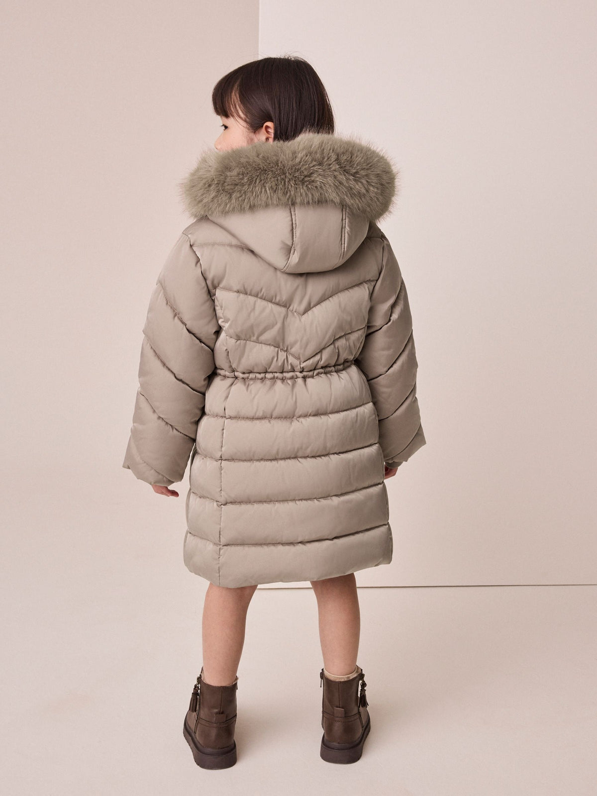 Taupe Shower Resistant Faux Fur Trim Padded Coat (3-16yrs)