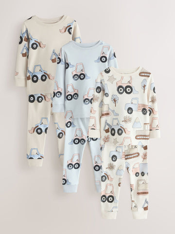 Blue/Ecru Digger Snuggle Pyjamas 3 Pack (9mths-8yrs)