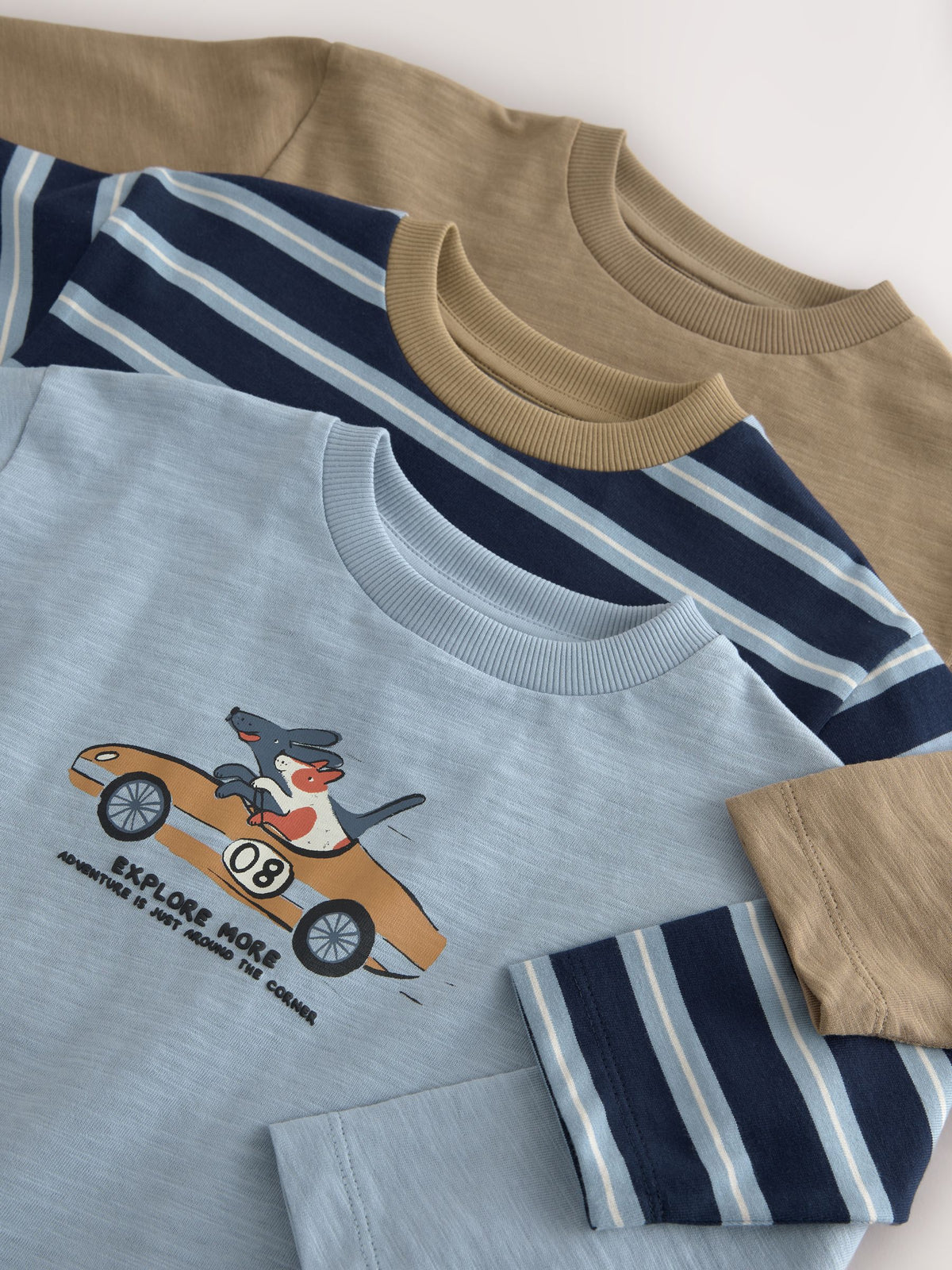 Blue/Neutral Dog Stripe Long Sleeve Graphic T-Shirts 3 Pack (3mths-7yrs)