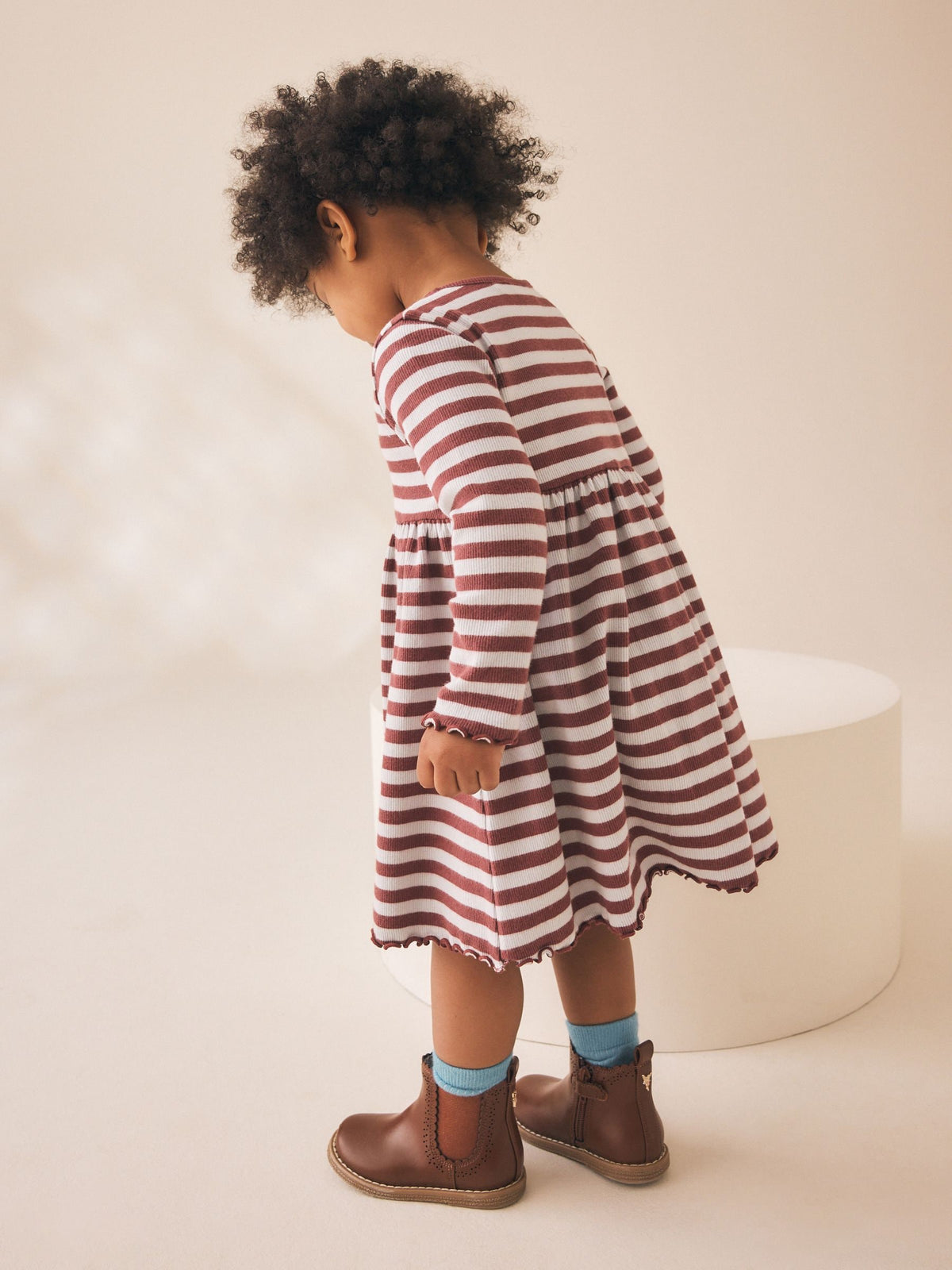 Brown Stripe Flower Long Sleeve Ribbed Dress (3mths-7yrs)