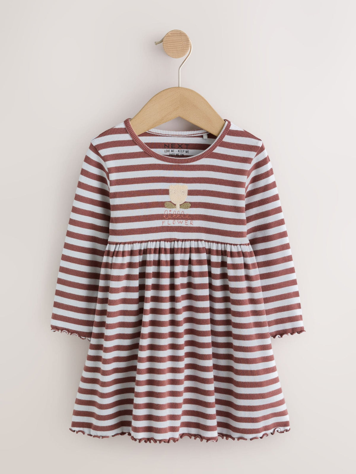 Brown Stripe Flower Long Sleeve Ribbed Dress (3mths-7yrs)