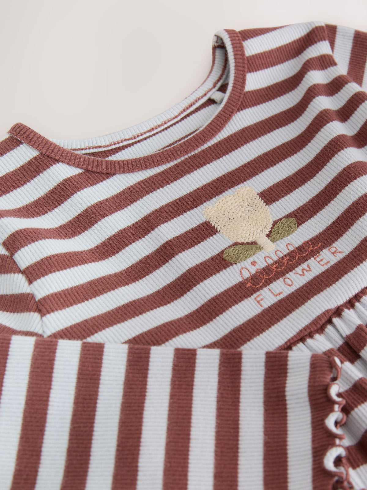 Brown Stripe Flower Long Sleeve Ribbed Dress (3mths-7yrs)