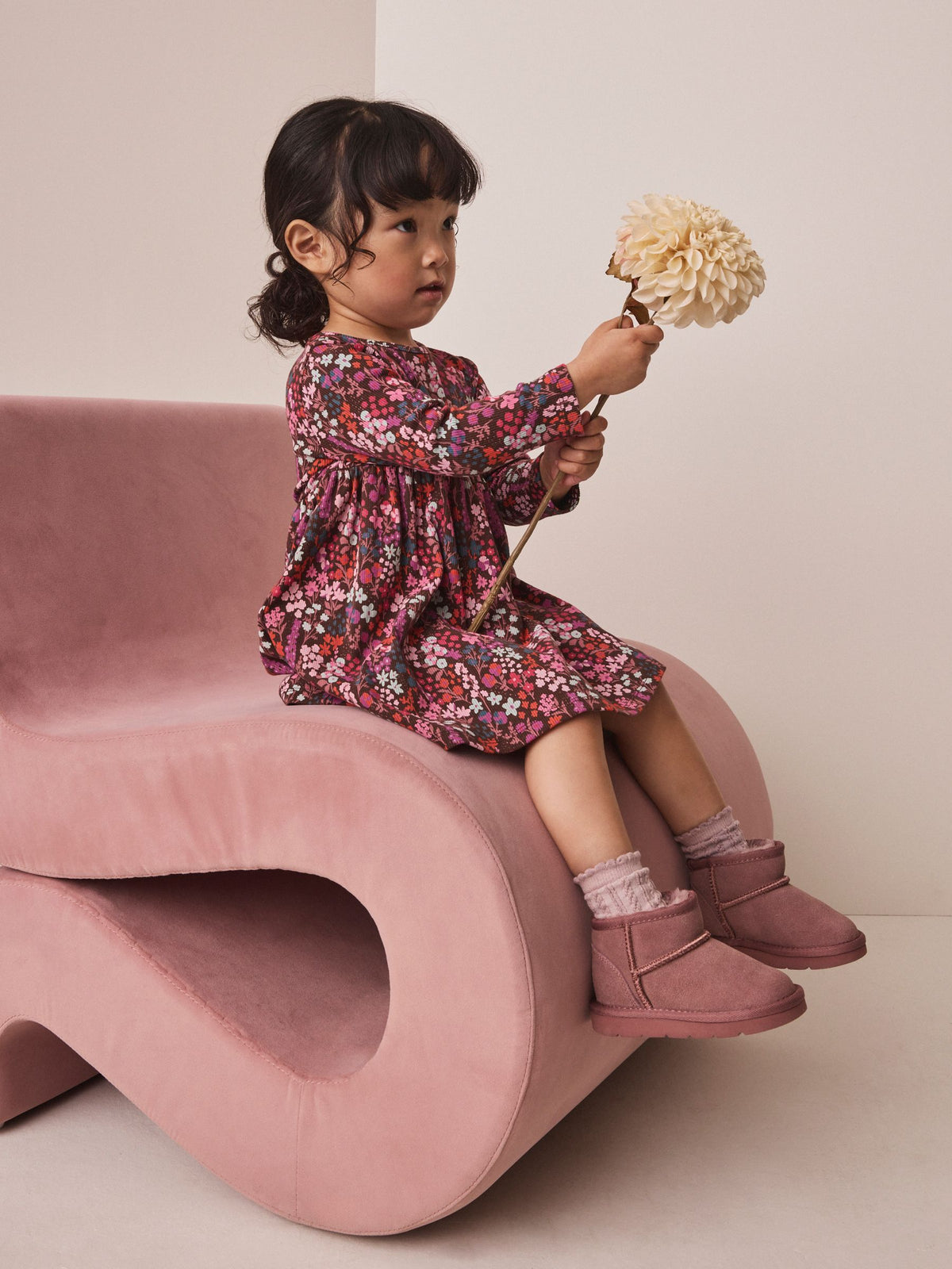 Burgundy Red Ditsy Floral Long Sleeve Ribbed Dress (3mths-7yrs)