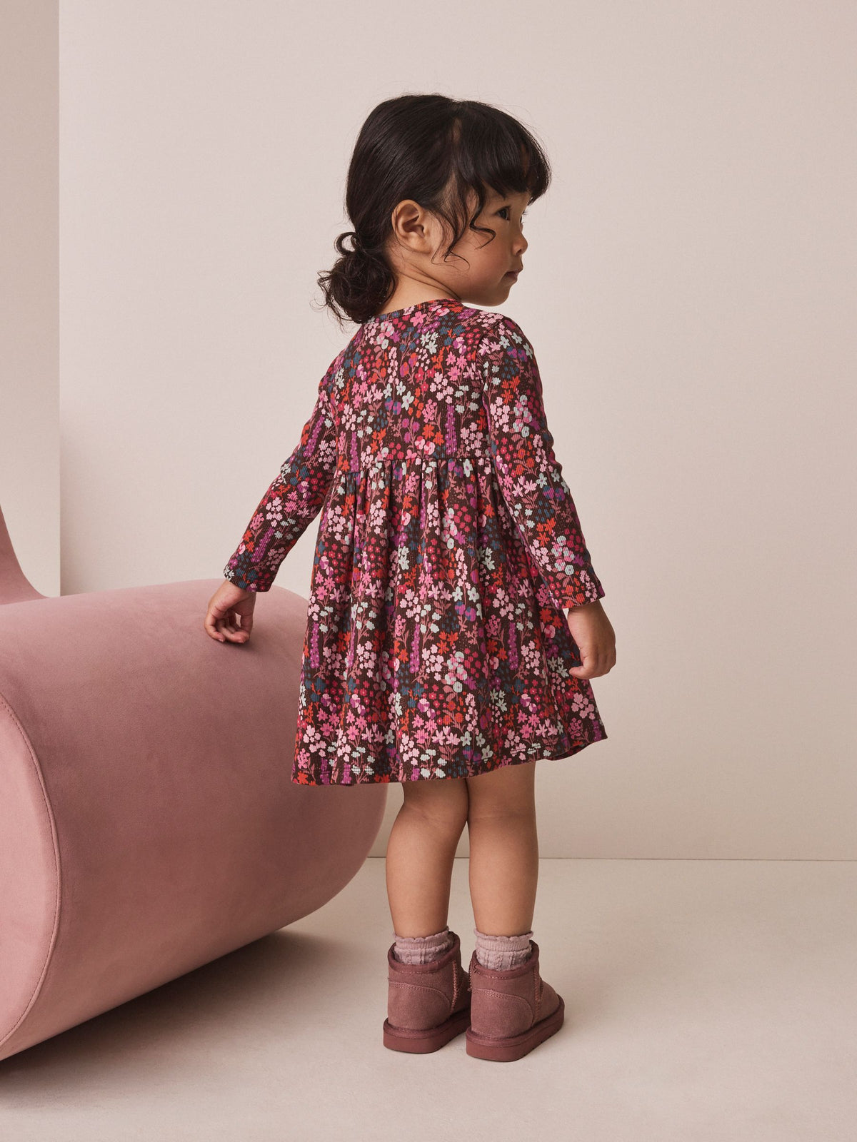 Burgundy Red Ditsy Floral Long Sleeve Ribbed Dress (3mths-7yrs)