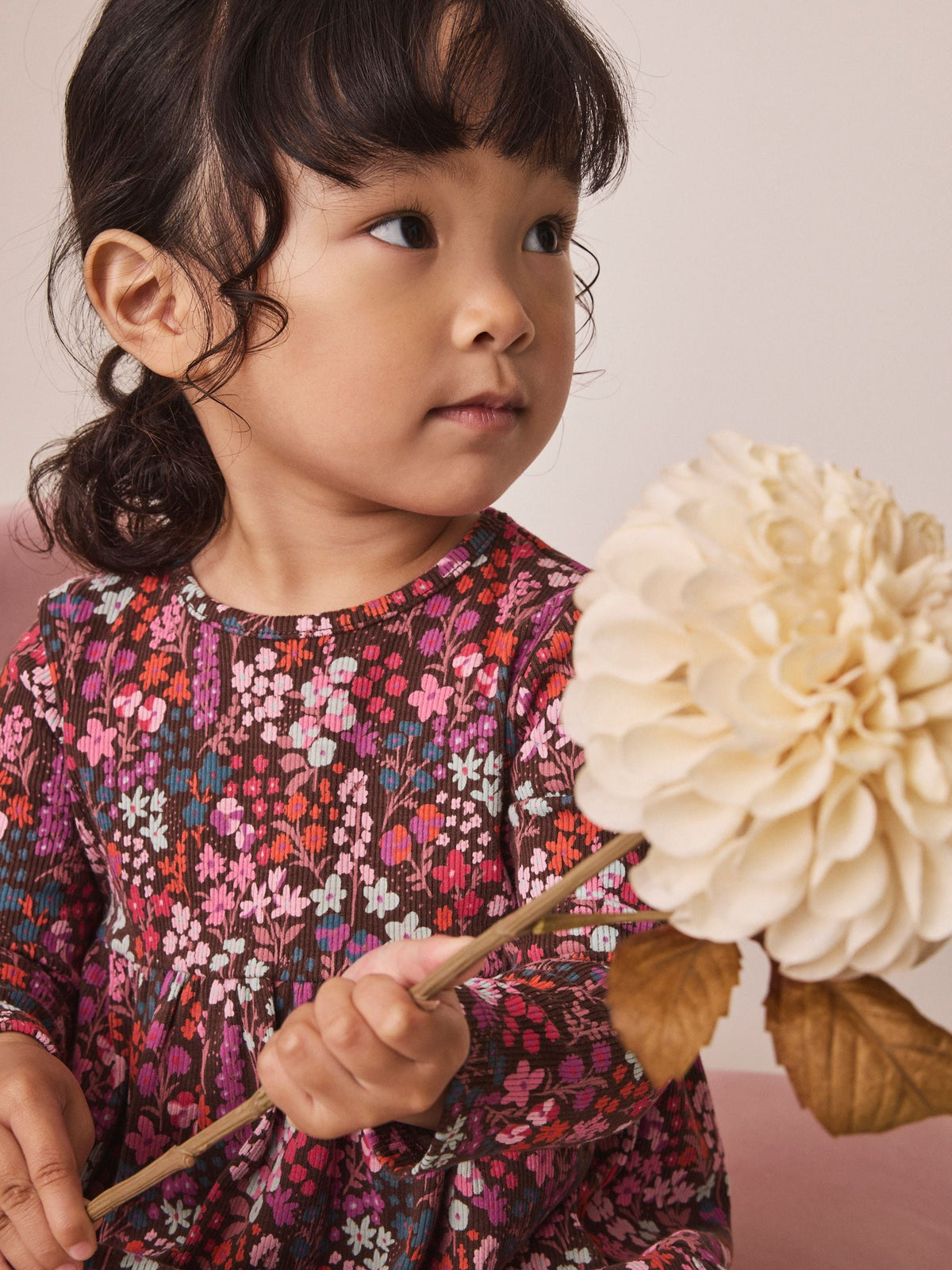 Burgundy Red Ditsy Floral Long Sleeve Ribbed Dress (3mths-7yrs)