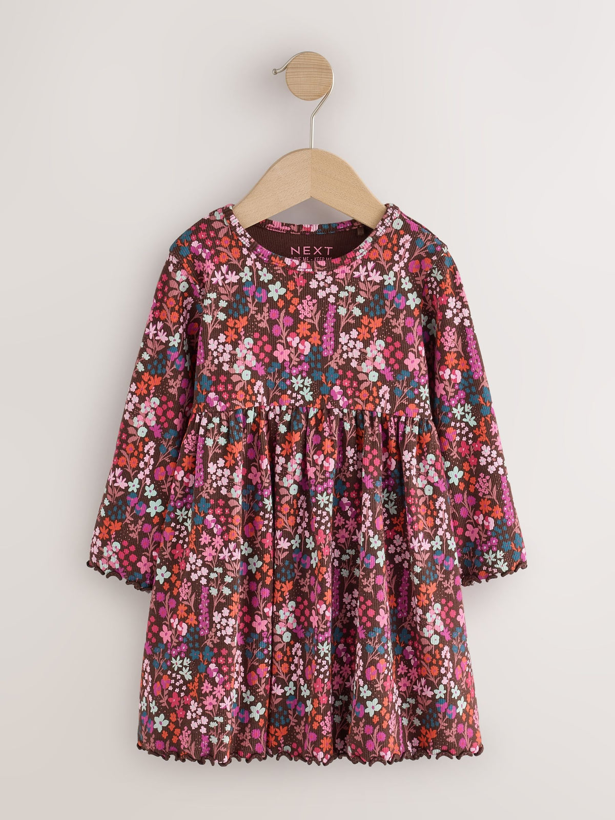 Burgundy Red Ditsy Floral Long Sleeve Ribbed Dress (3mths-7yrs)