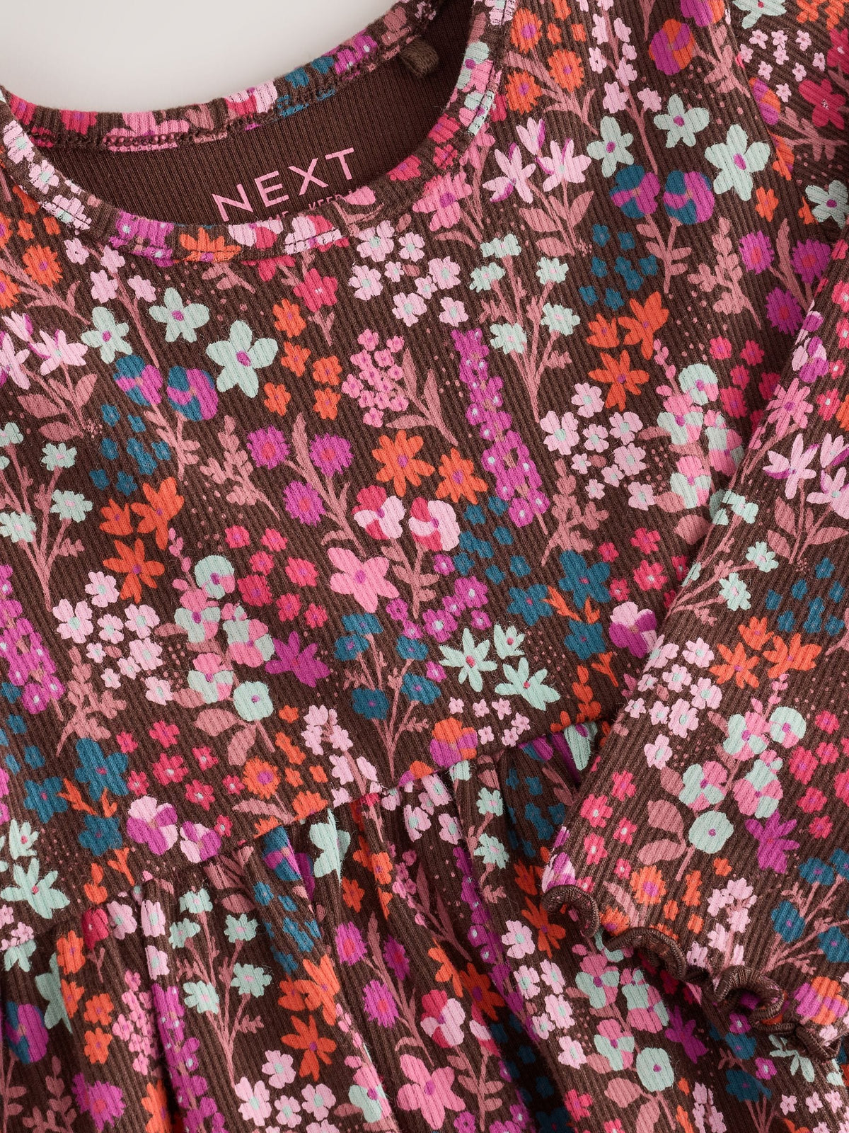 Burgundy Red Ditsy Floral Long Sleeve Ribbed Dress (3mths-7yrs)