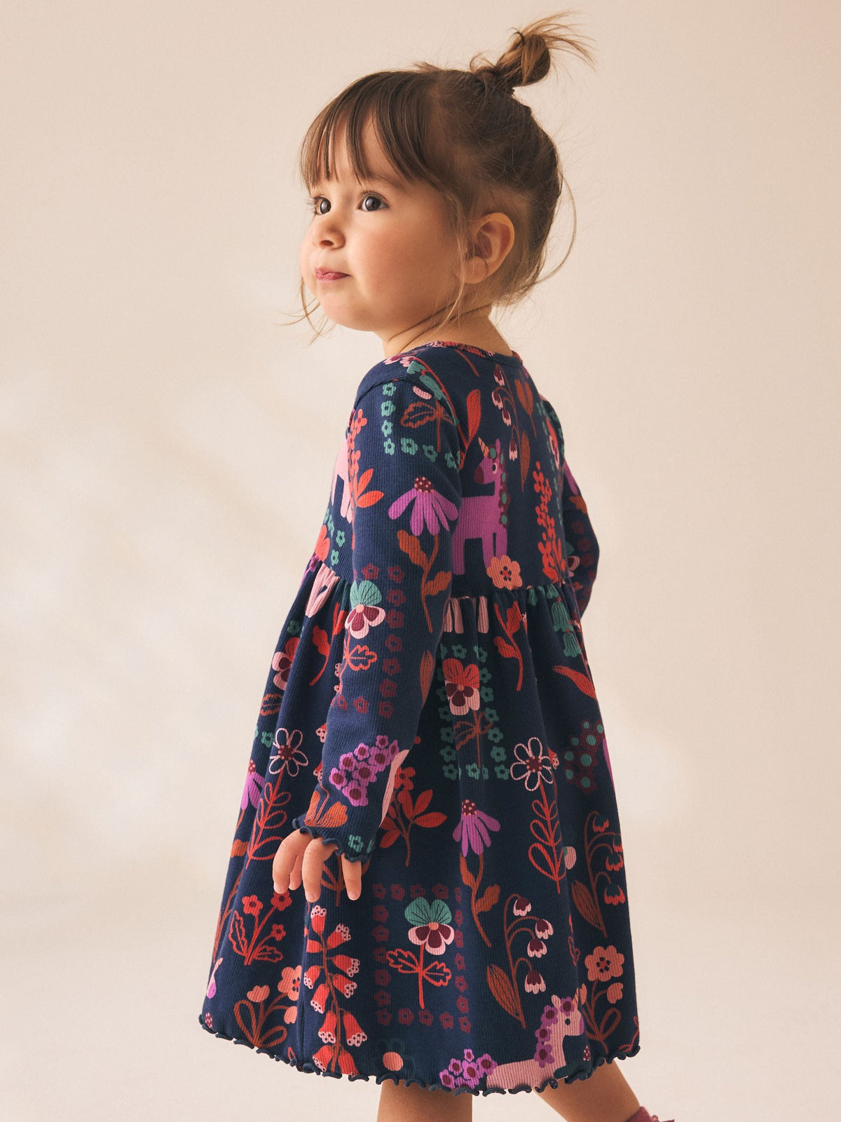 Navy Unicorn Long Sleeve Ribbed Dress (3mths-7yrs)