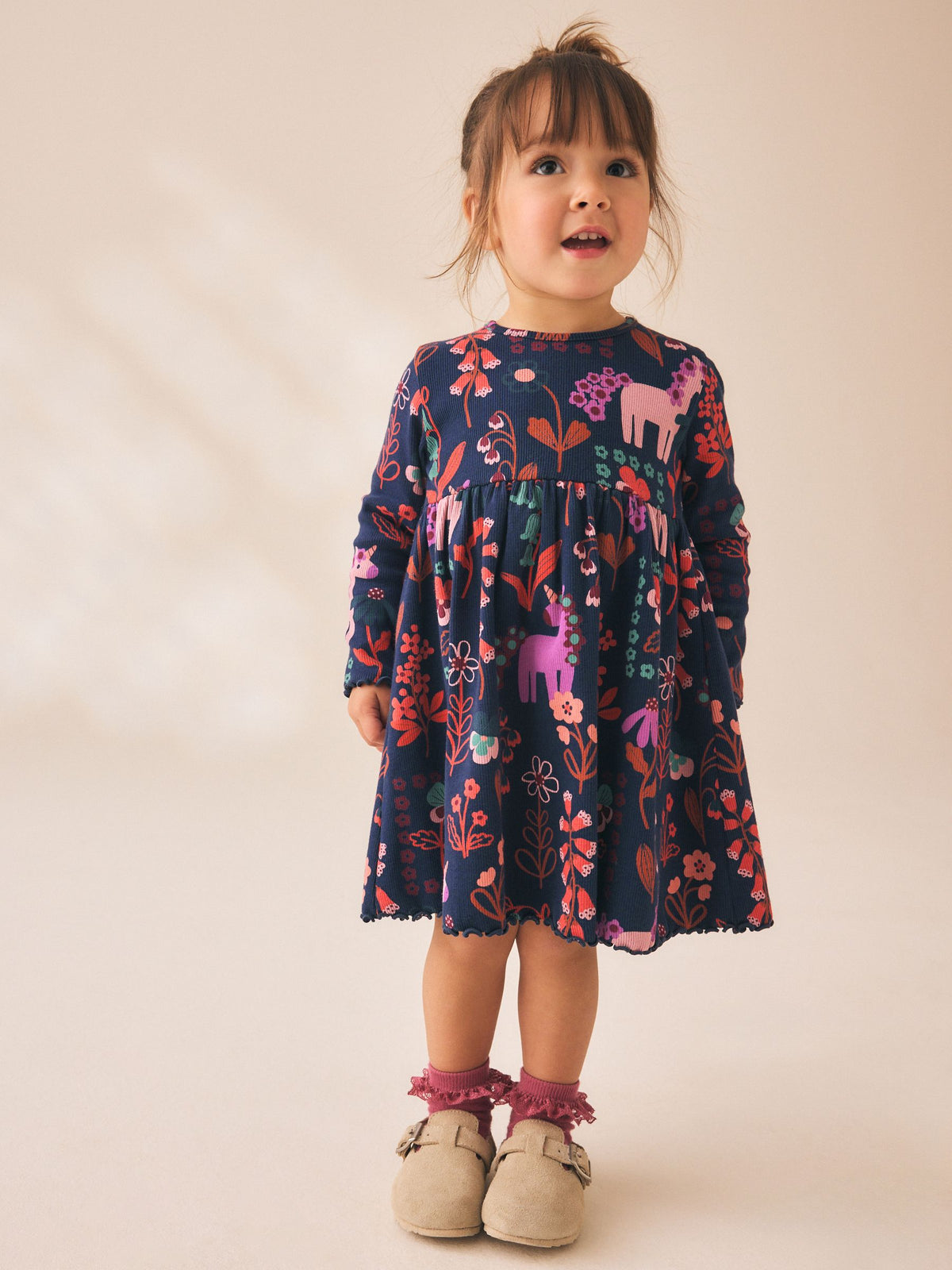 Navy Unicorn Long Sleeve Ribbed Dress (3mths-7yrs)