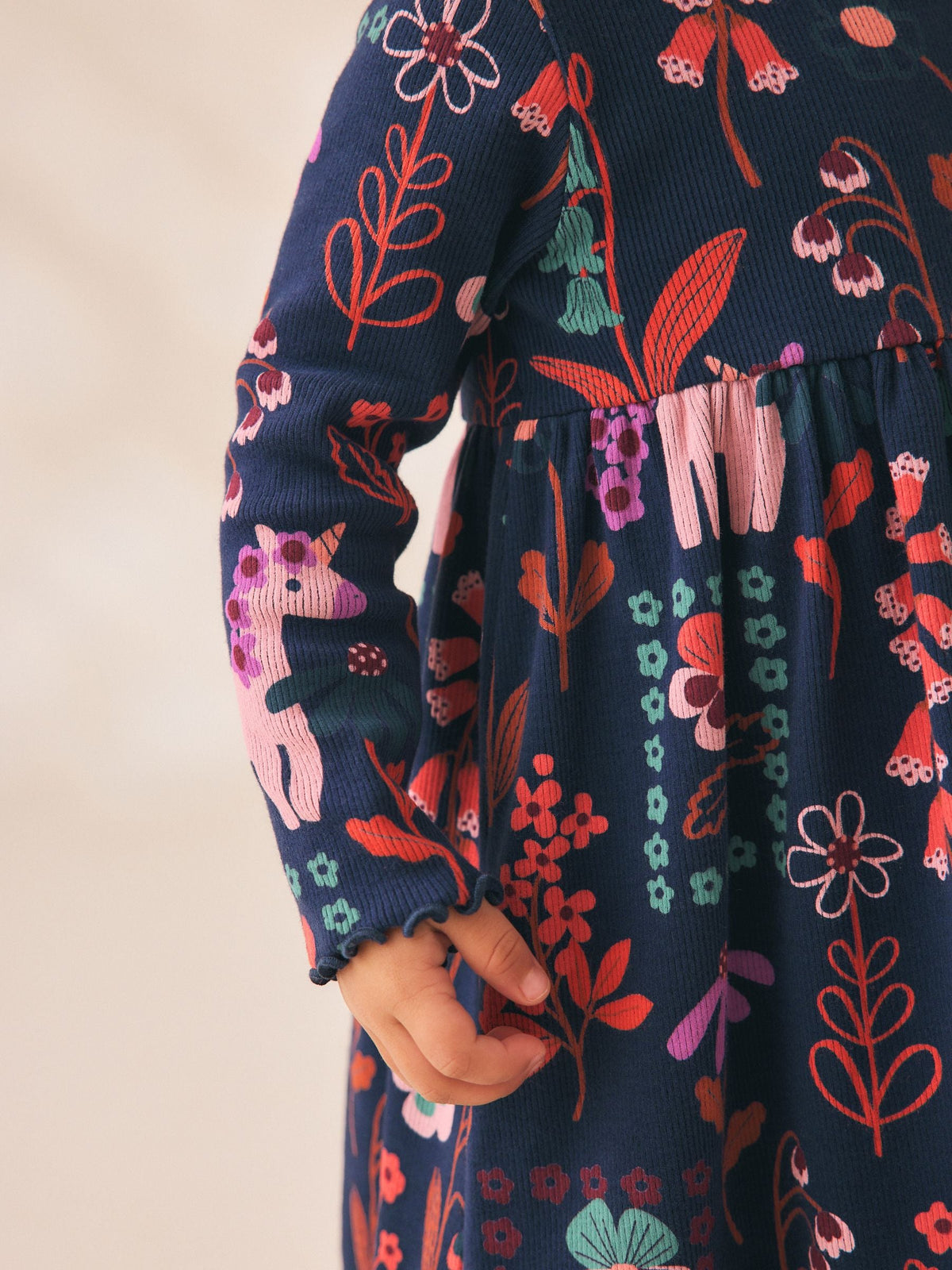 Navy Unicorn Long Sleeve Ribbed Dress (3mths-7yrs)