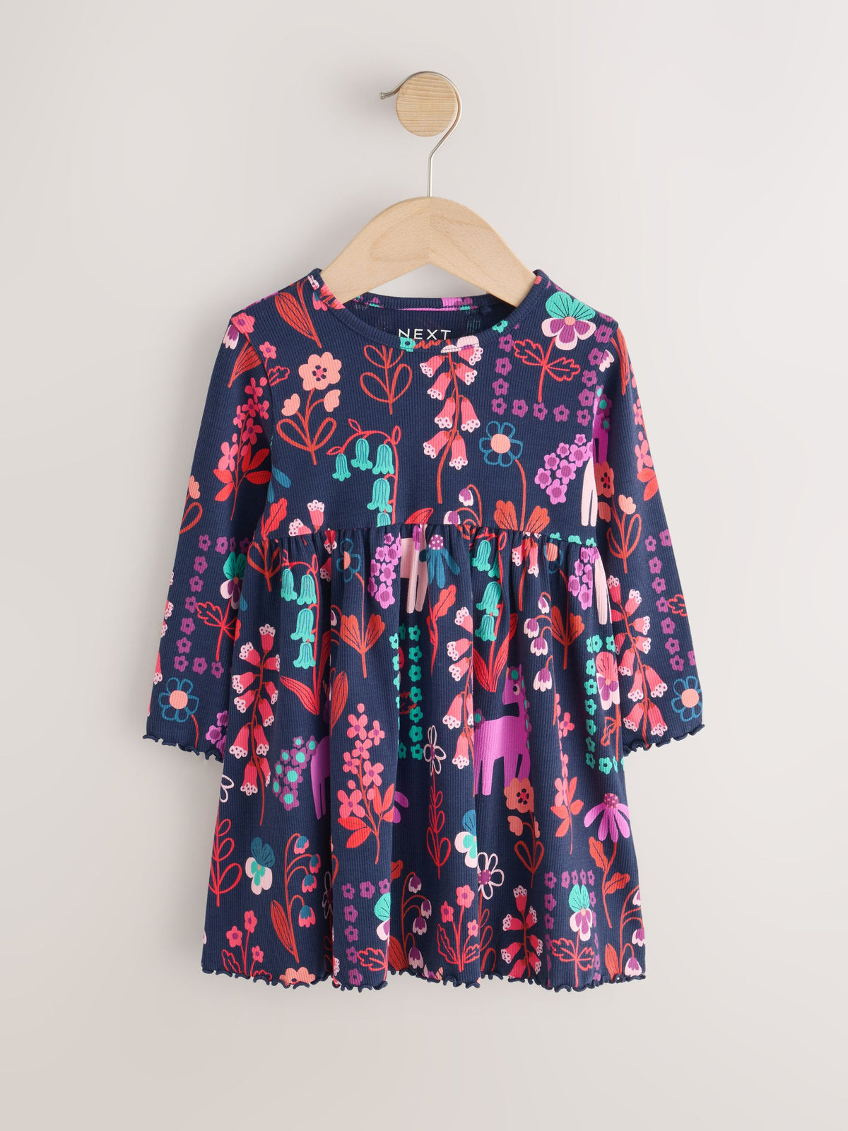 Navy Unicorn Long Sleeve Ribbed Dress (3mths-7yrs)