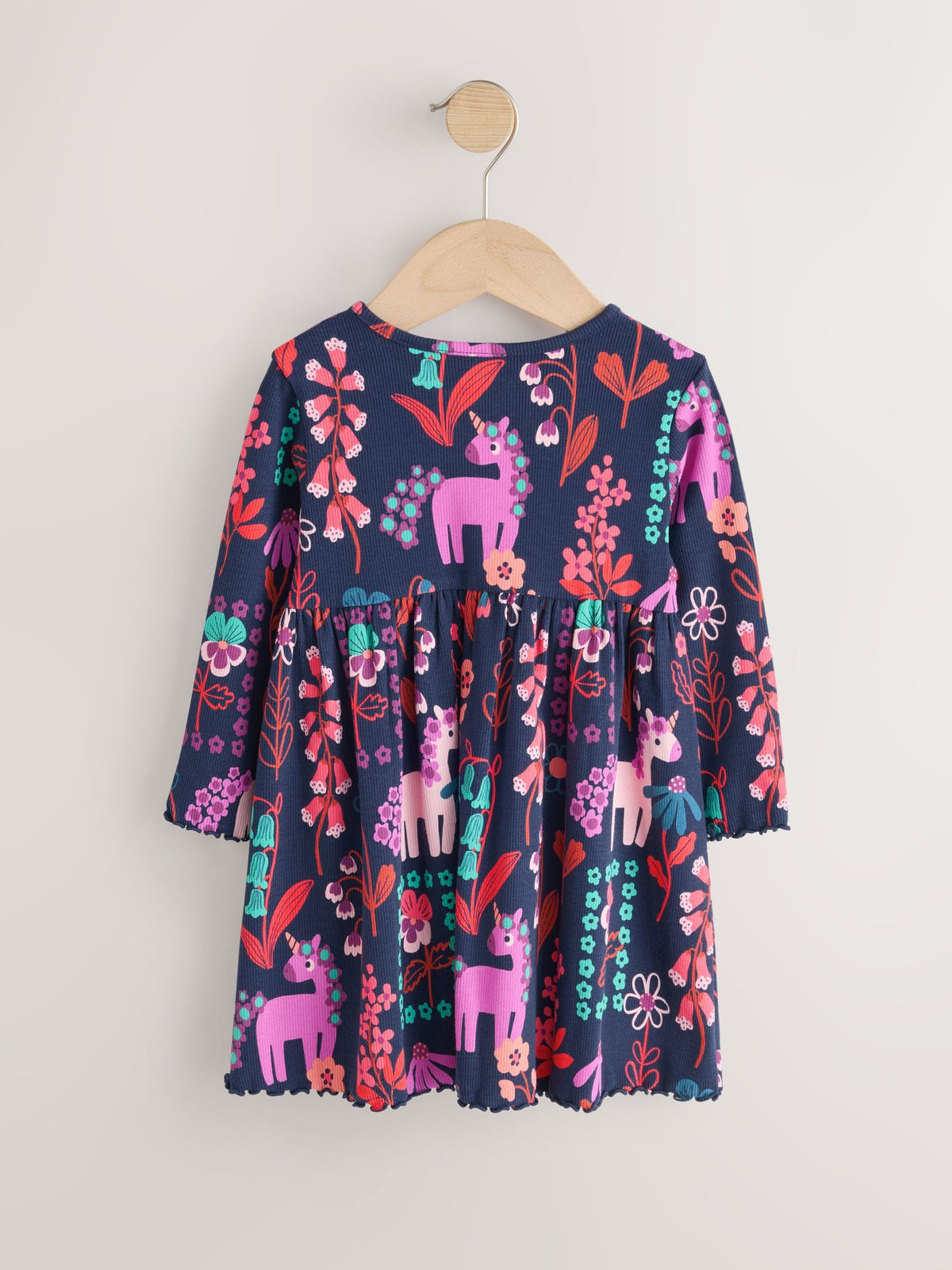 Navy Unicorn Long Sleeve Ribbed Dress (3mths-7yrs)