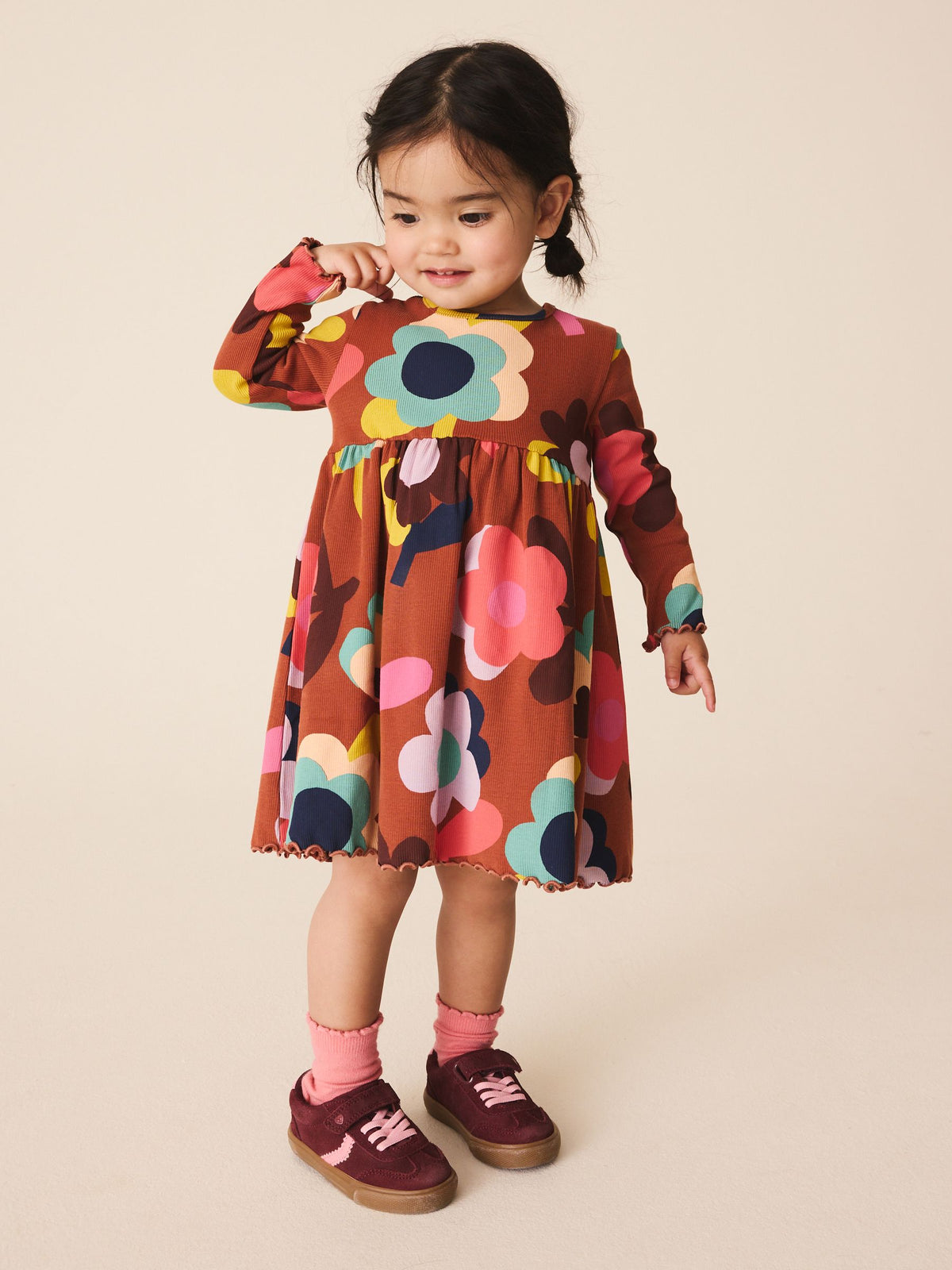 Brown Flowers Long Sleeve Ribbed Dress (3mths-7yrs)