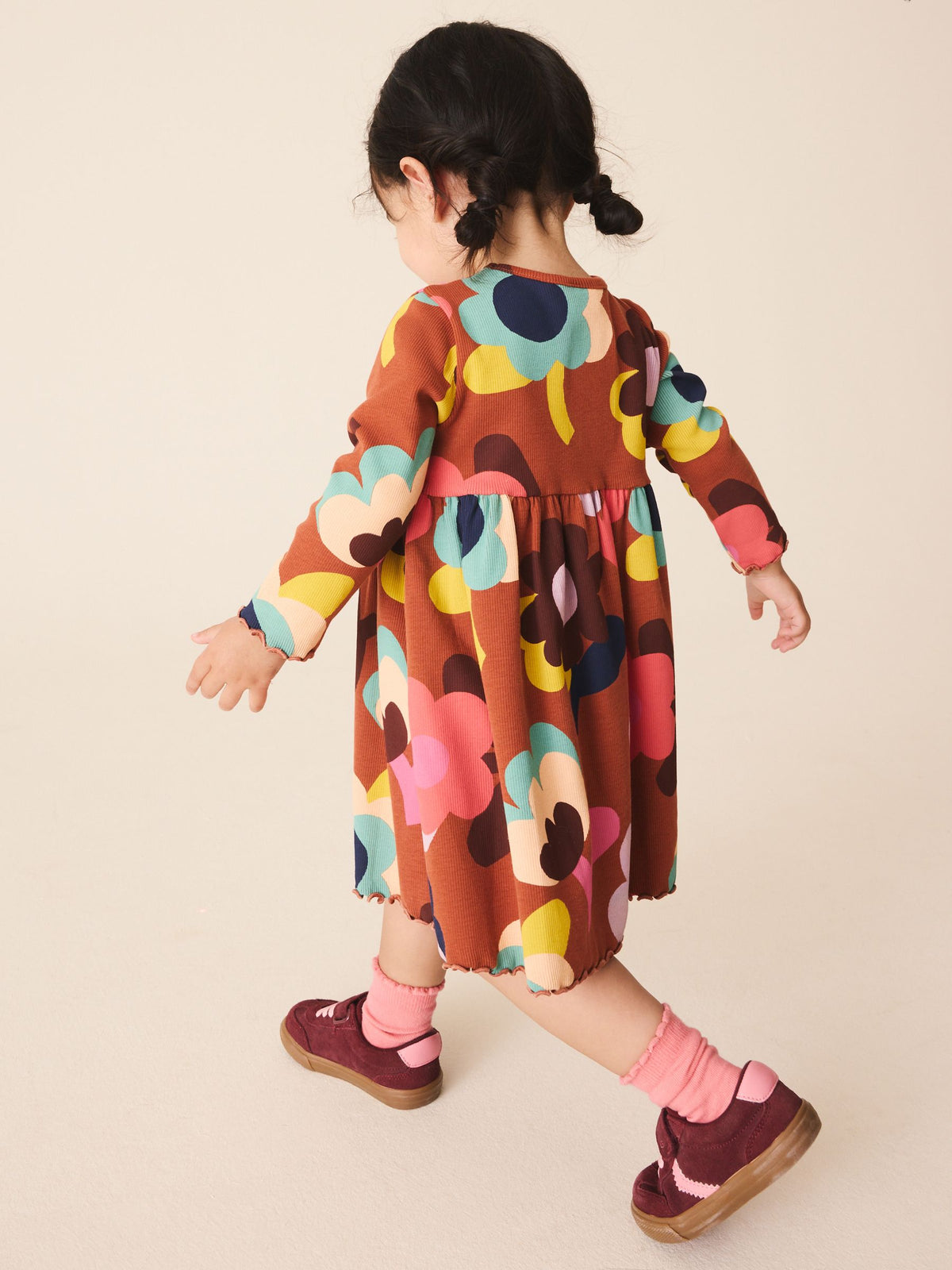 Brown Flowers Long Sleeve Ribbed Dress (3mths-7yrs)