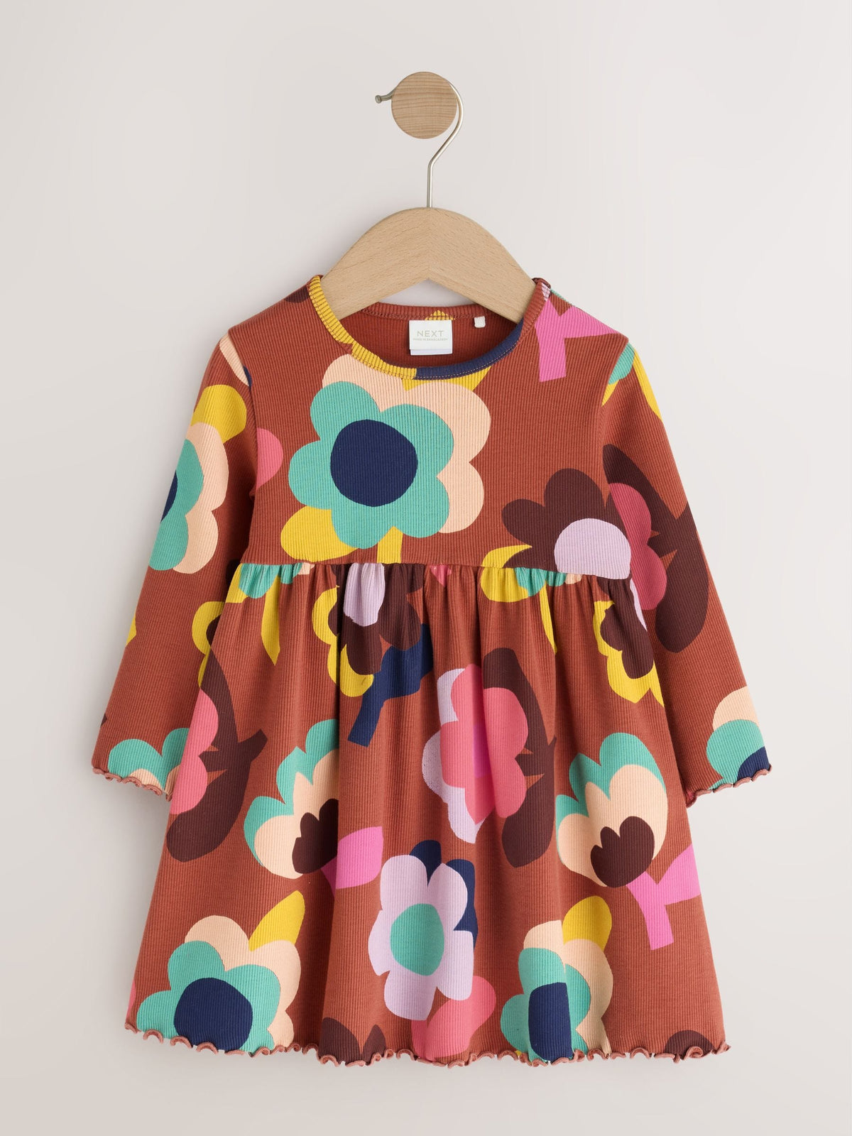 Brown Flowers Long Sleeve Ribbed Dress (3mths-7yrs)