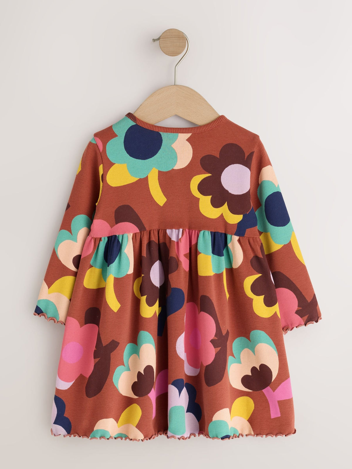 Brown Flowers Long Sleeve Ribbed Dress (3mths-7yrs)