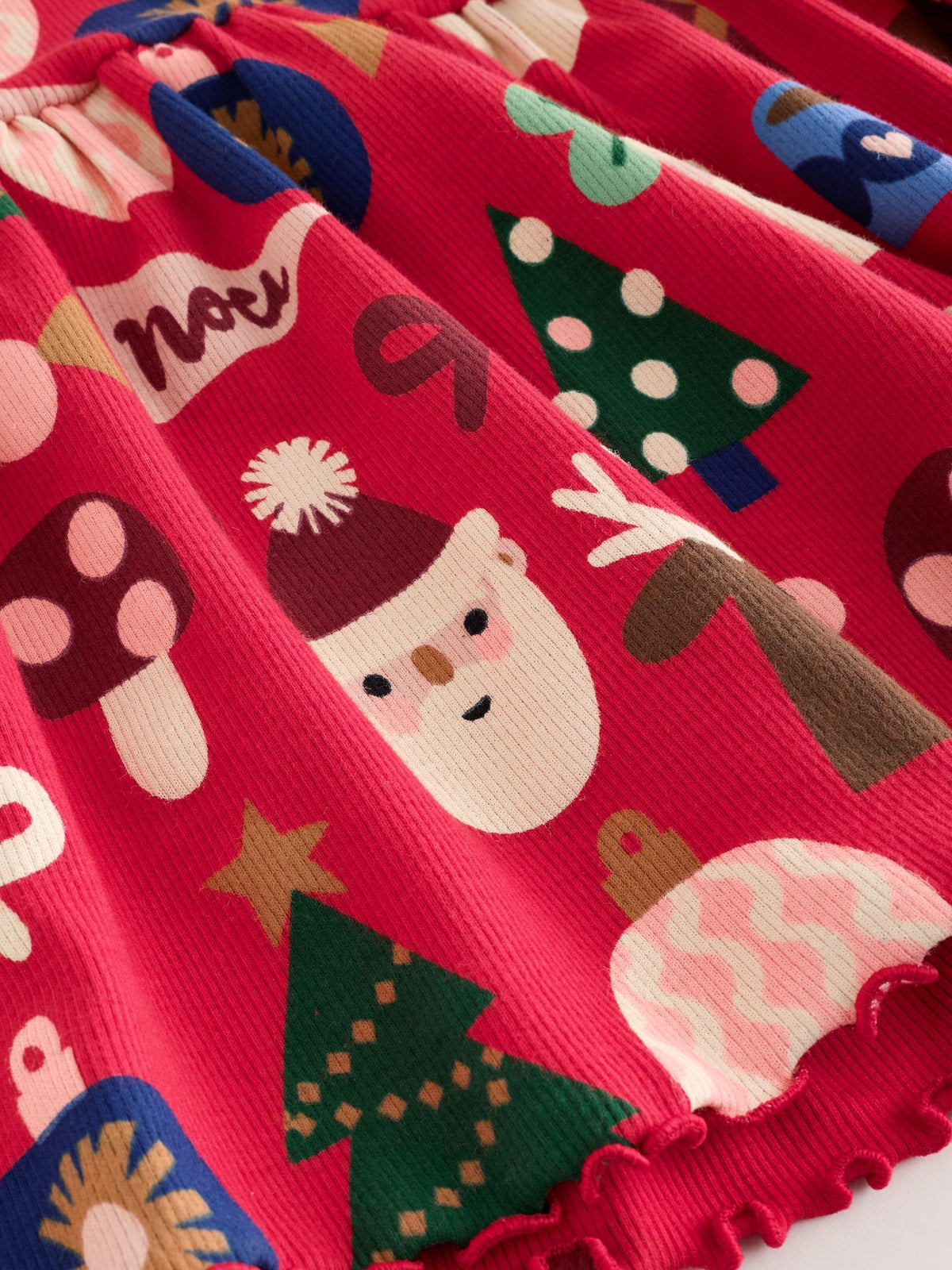 Red Christmas Long Sleeve Christmas Ribbed Dress (3mths-7yrs)