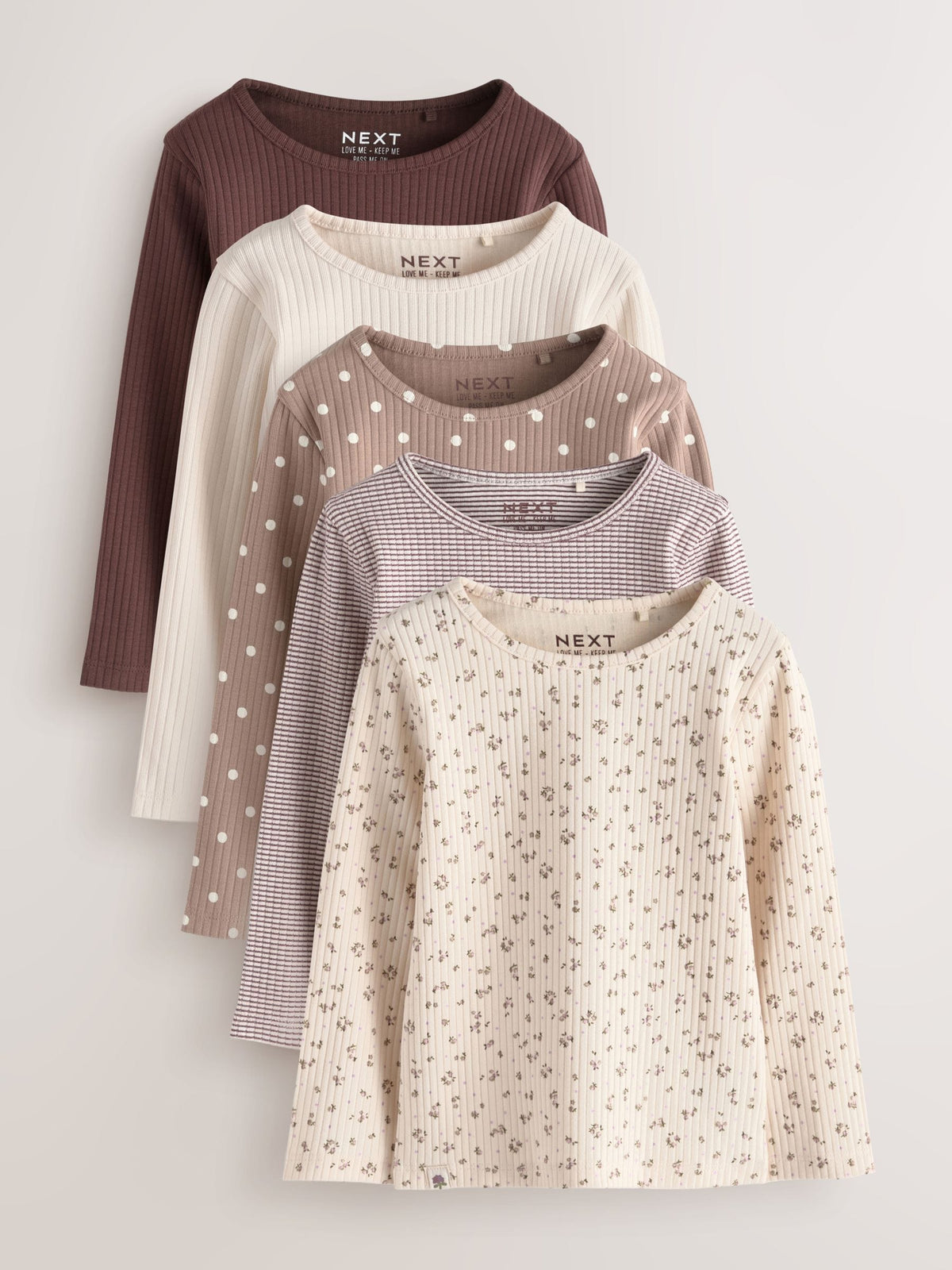 Neutral Long Sleeve Ribbed Tops 5 Pack (3mths-7yrs)