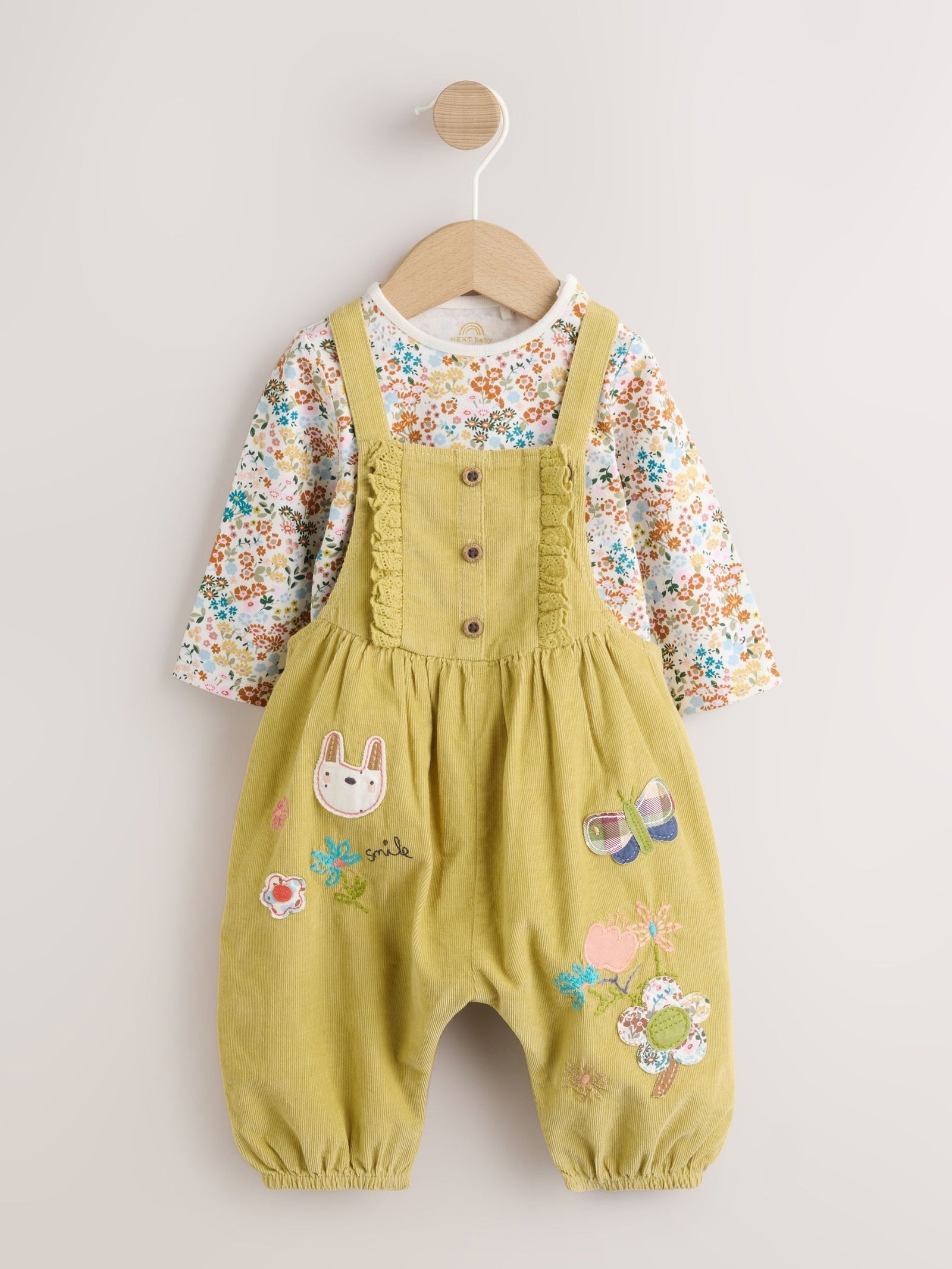 Sage Green Rabbit Baby Cord Dungarees And Long Sleeve Bodysuits 2 Piece Set (0mths-2yrs)