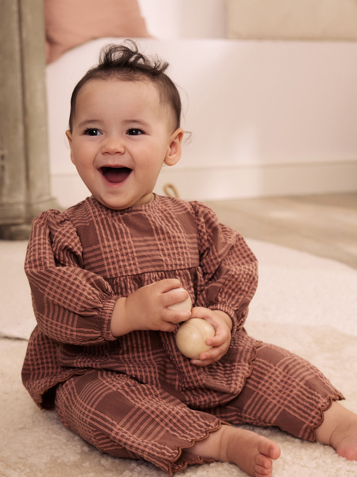 Brown/Pink Check Baby Woven Top and Trousers 2 Piece Set (0mths-2yrs)